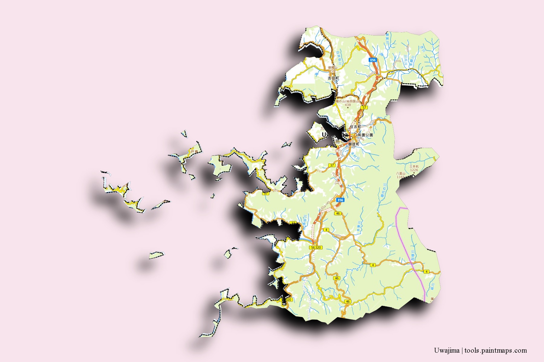 Mapa de barrios y pueblos de Uwajima con efecto de sombra 3D