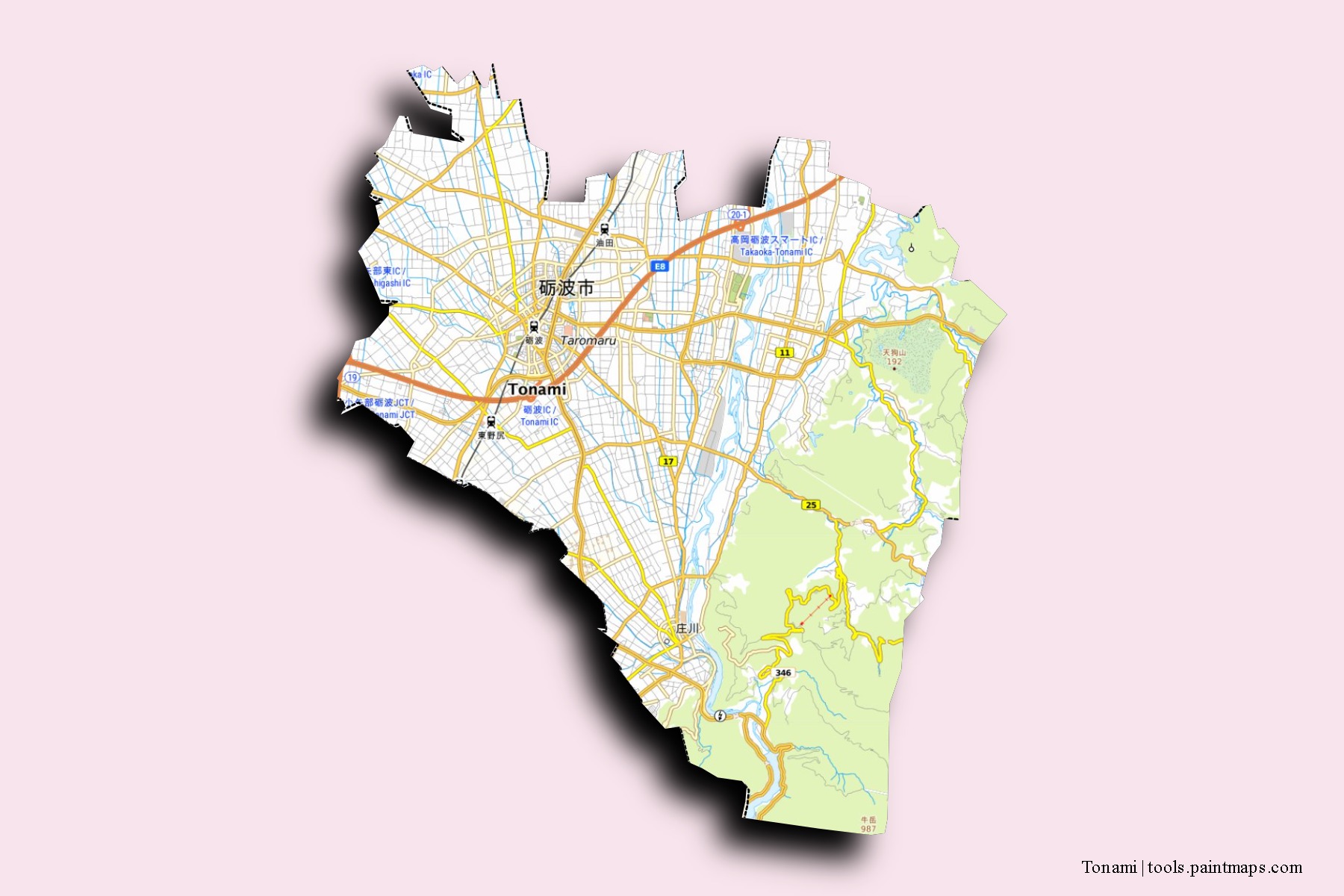 Tonami neighborhoods and villages map with 3D shadow effect