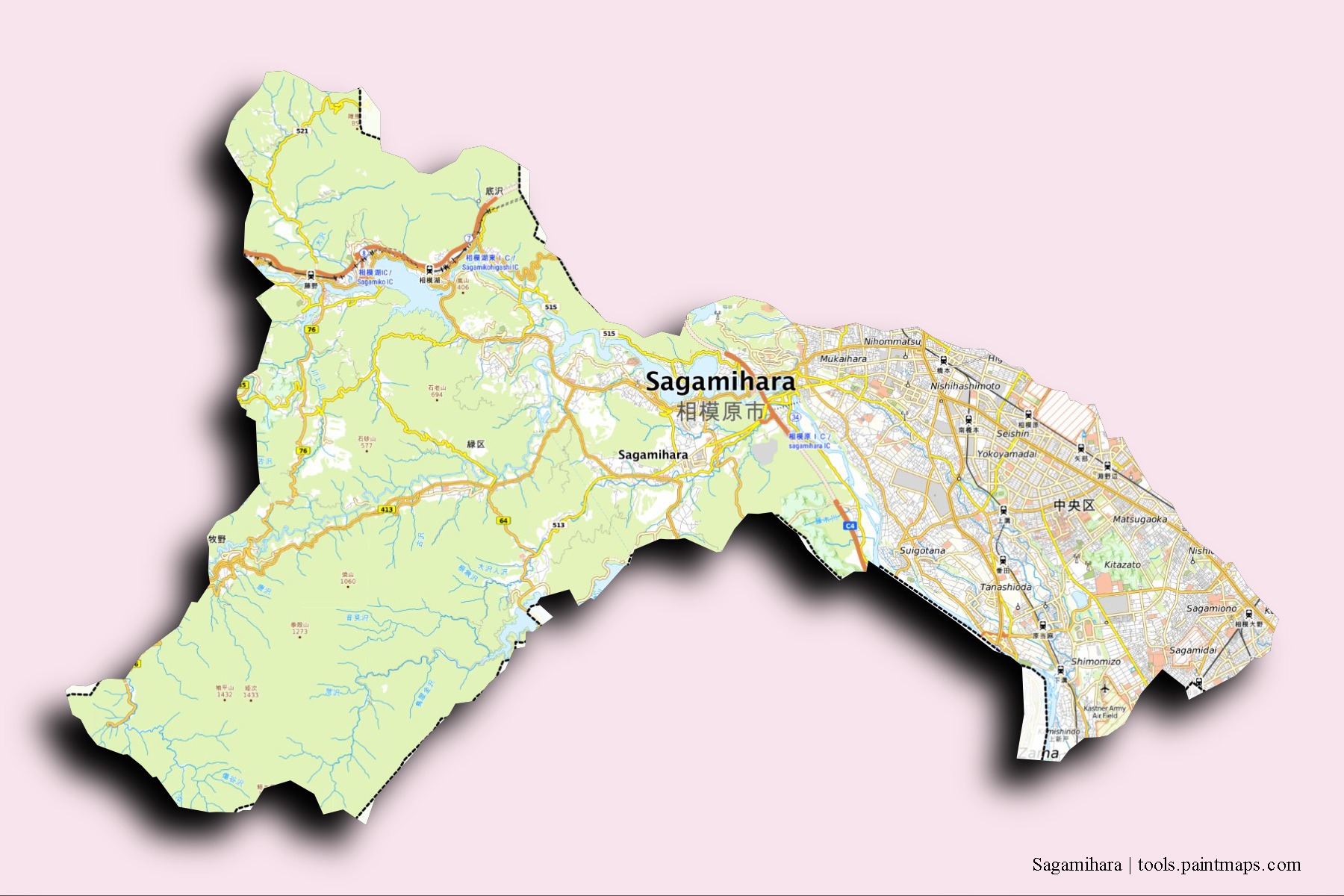 Mapa de barrios y pueblos de Sagamihara con efecto de sombra 3D