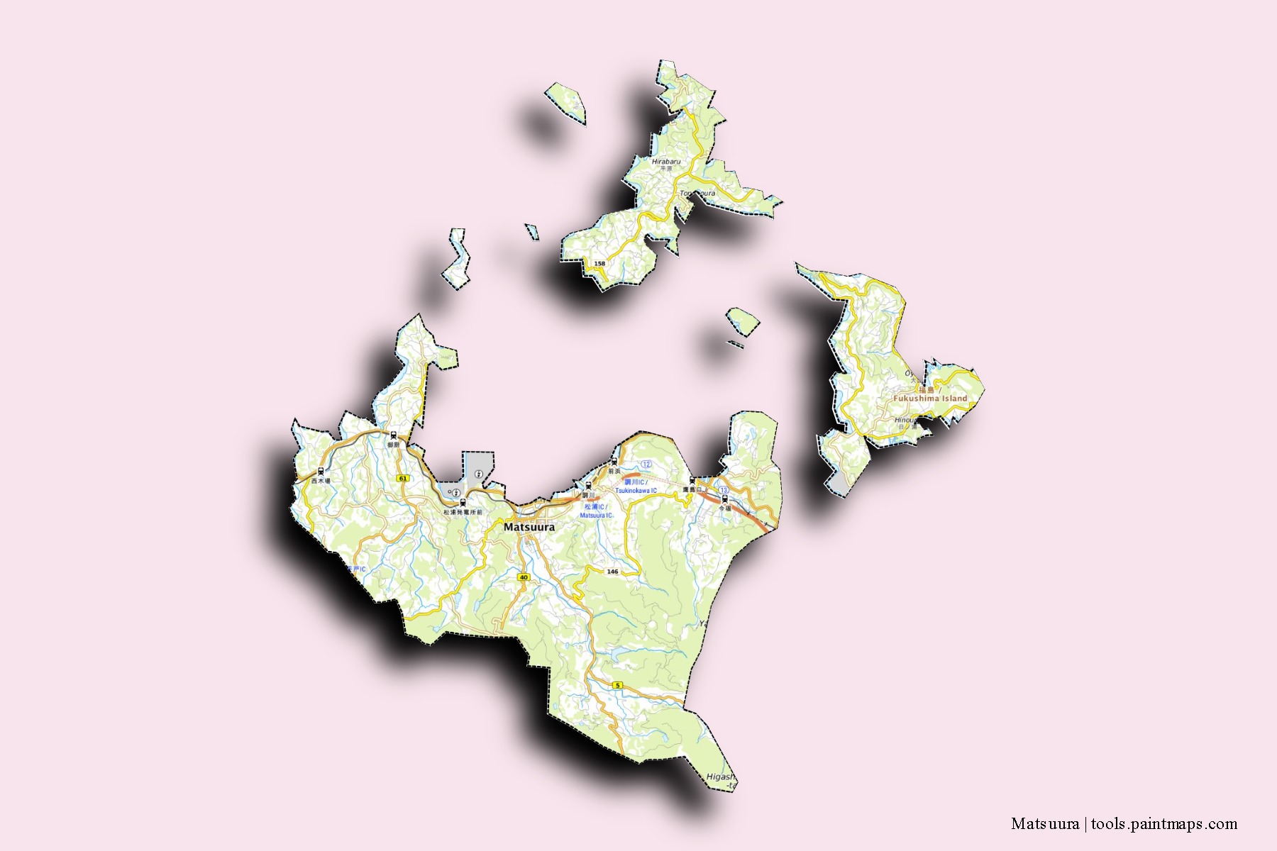 Matsuura neighborhoods and villages map with 3D shadow effect