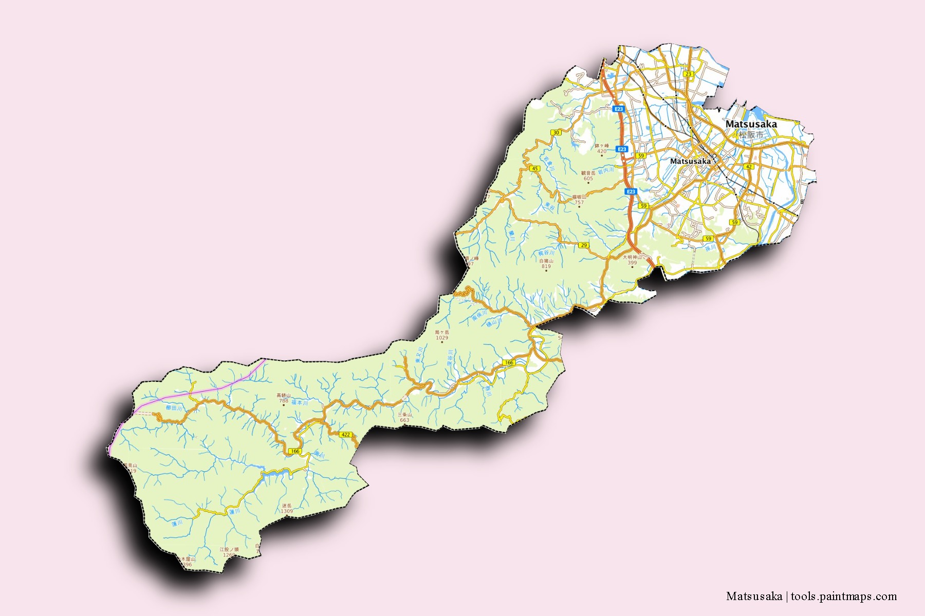 Mapa de barrios y pueblos de Matsusaka con efecto de sombra 3D