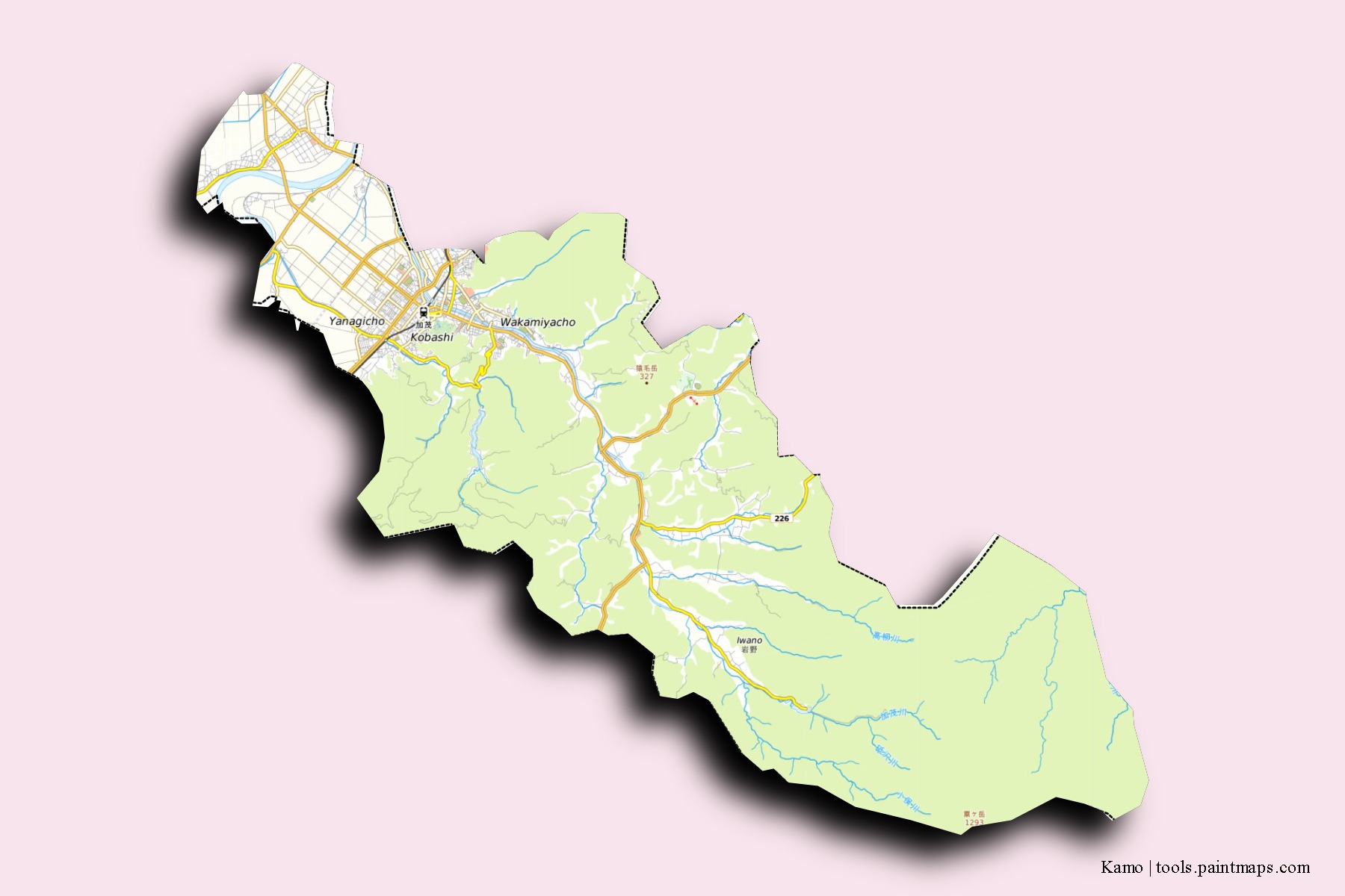 Mapa de barrios y pueblos de Kamo con efecto de sombra 3D