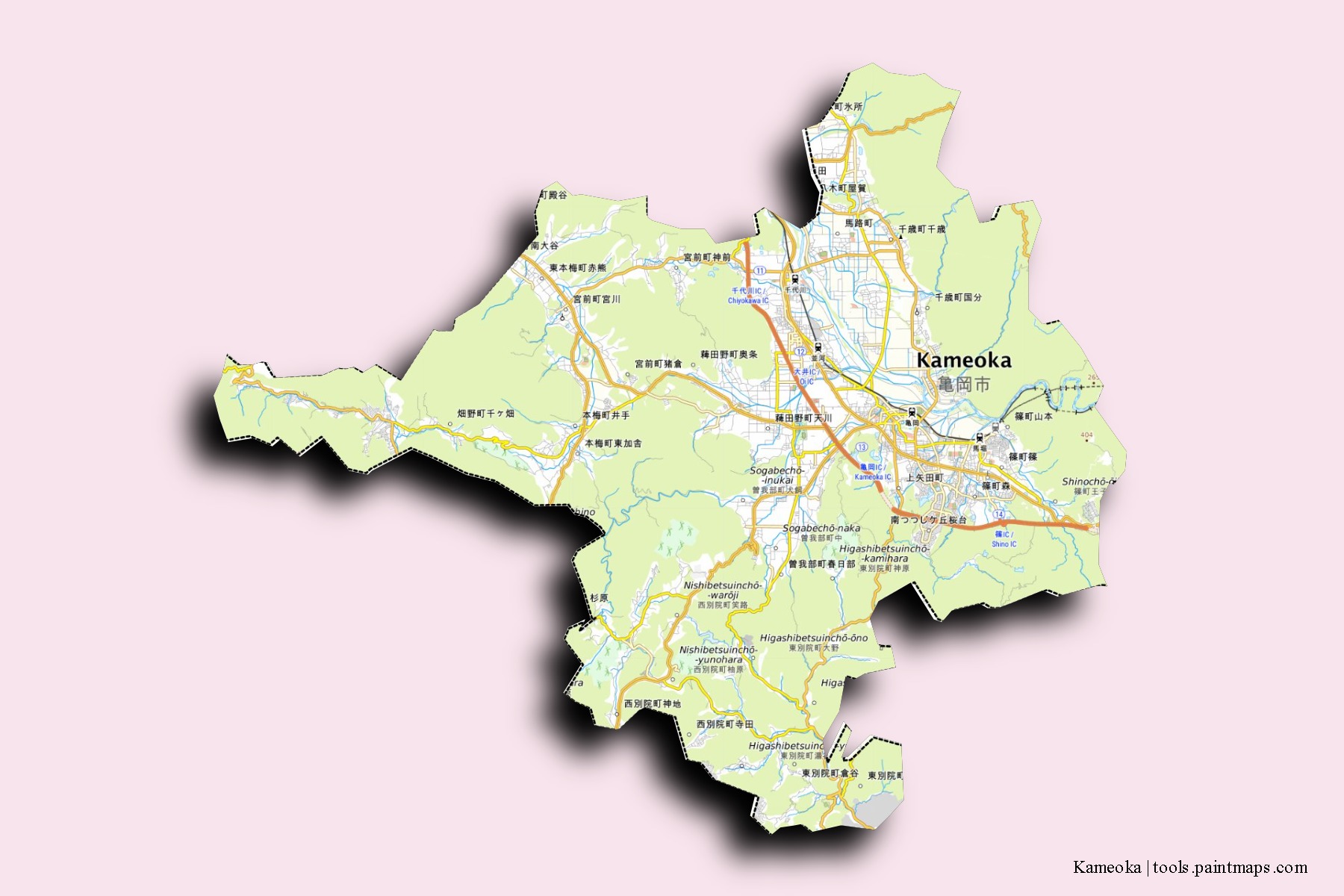 Mapa de barrios y pueblos de Kameoka con efecto de sombra 3D