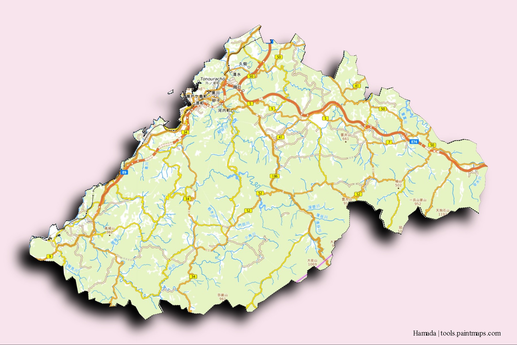 Hamada neighborhoods and villages map with 3D shadow effect