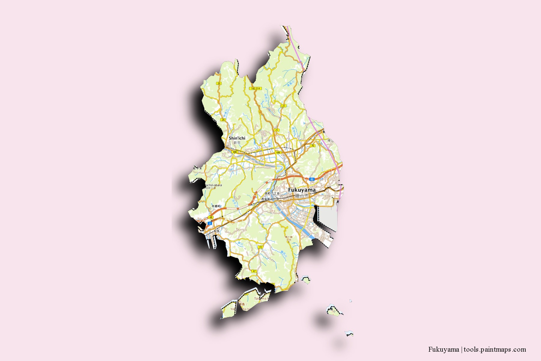 Fukuyama neighborhoods and villages map with 3D shadow effect