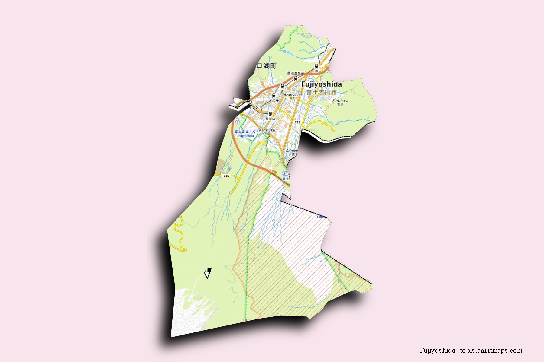 Fujiyoshida neighborhoods and villages map with 3D shadow effect