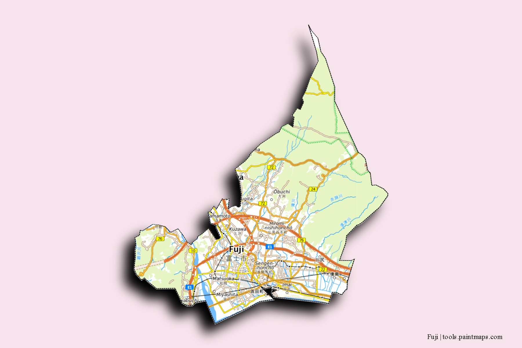 Mapa de barrios y pueblos de Fuji con efecto de sombra 3D