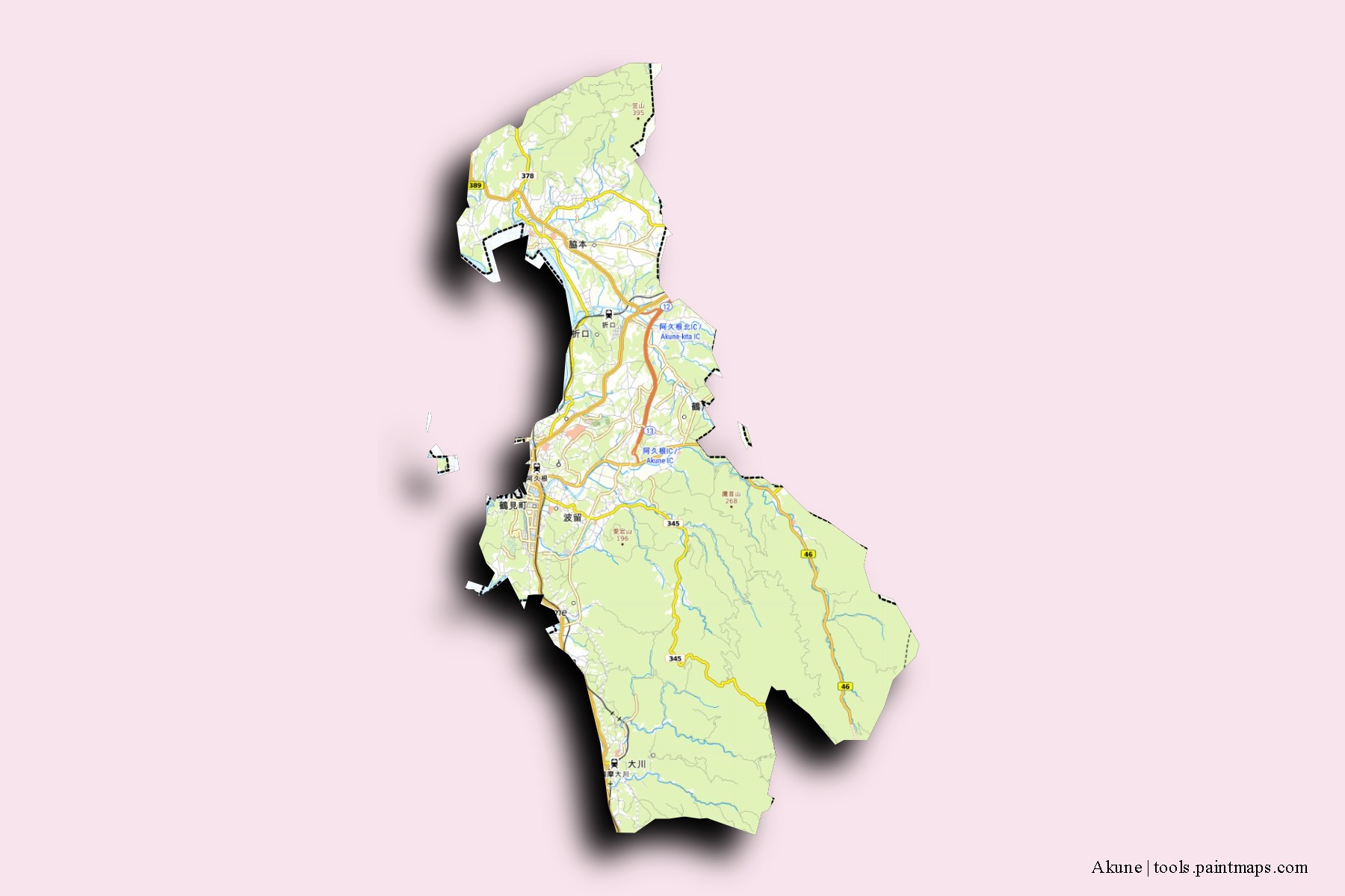 Mapa de barrios y pueblos de Akune con efecto de sombra 3D