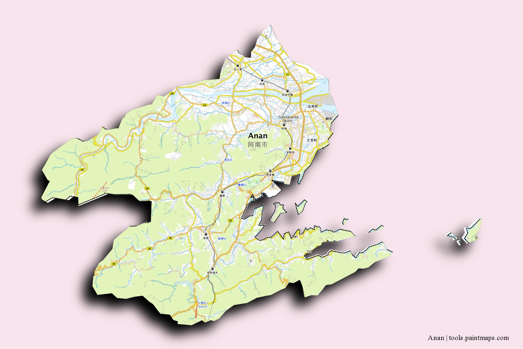 Mapa de barrios y pueblos de Anan con efecto de sombra 3D