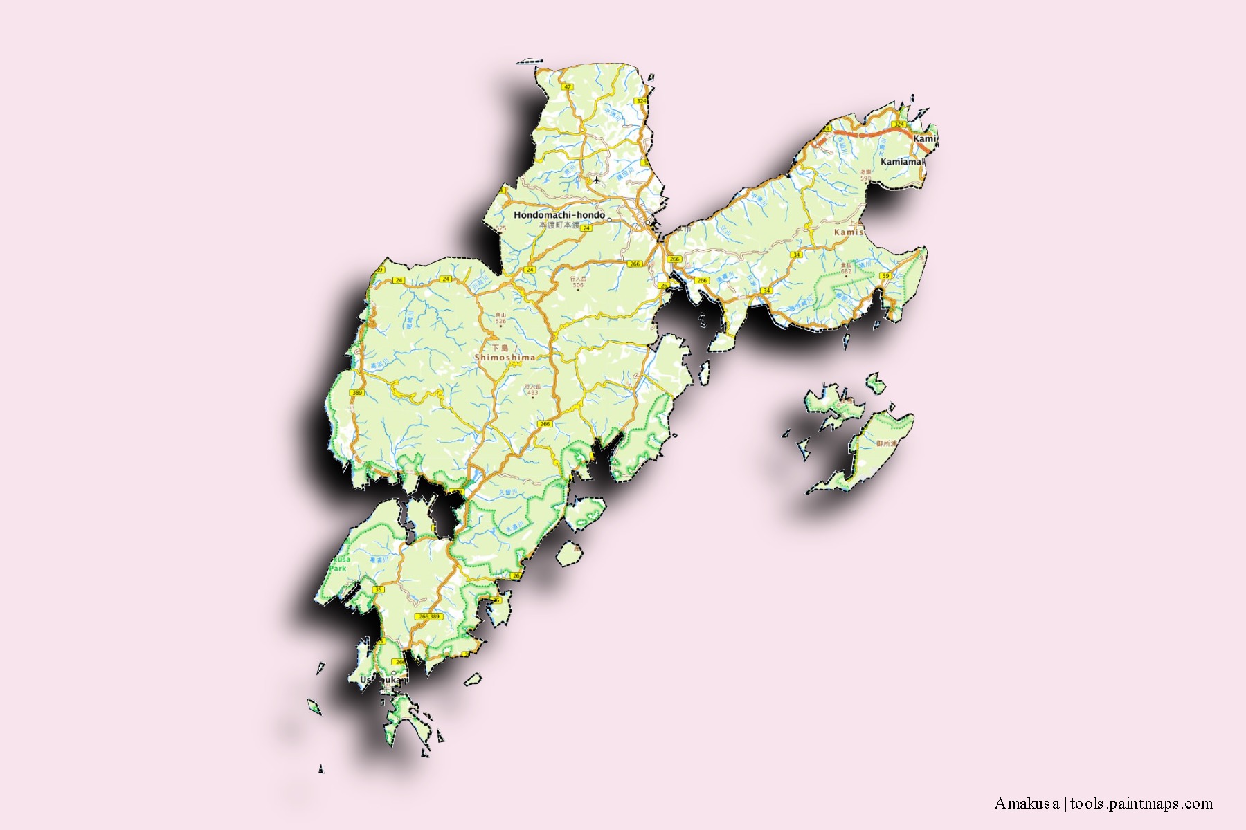 Mapa de barrios y pueblos de Amakusa con efecto de sombra 3D