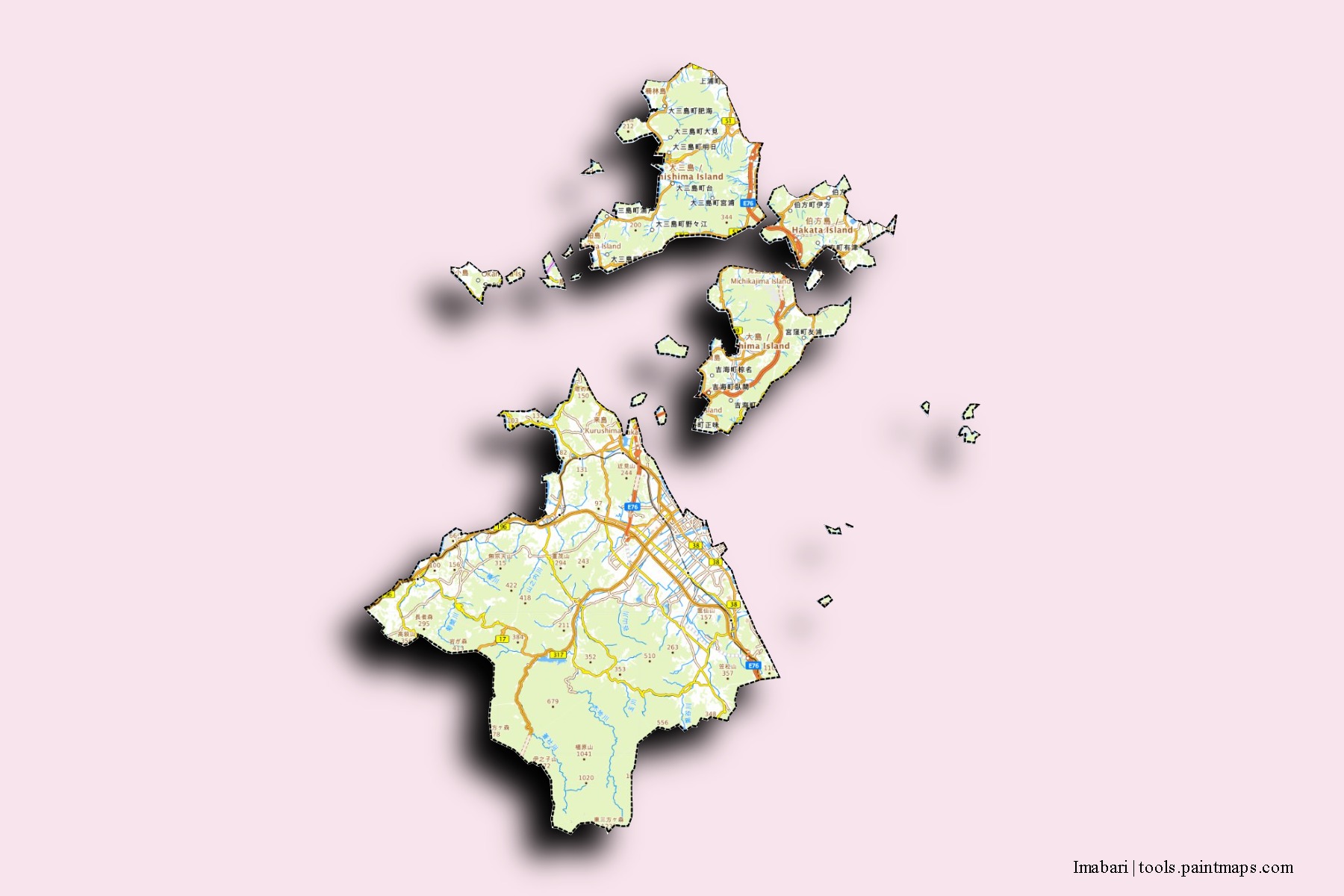 Mapa de barrios y pueblos de Imabari con efecto de sombra 3D