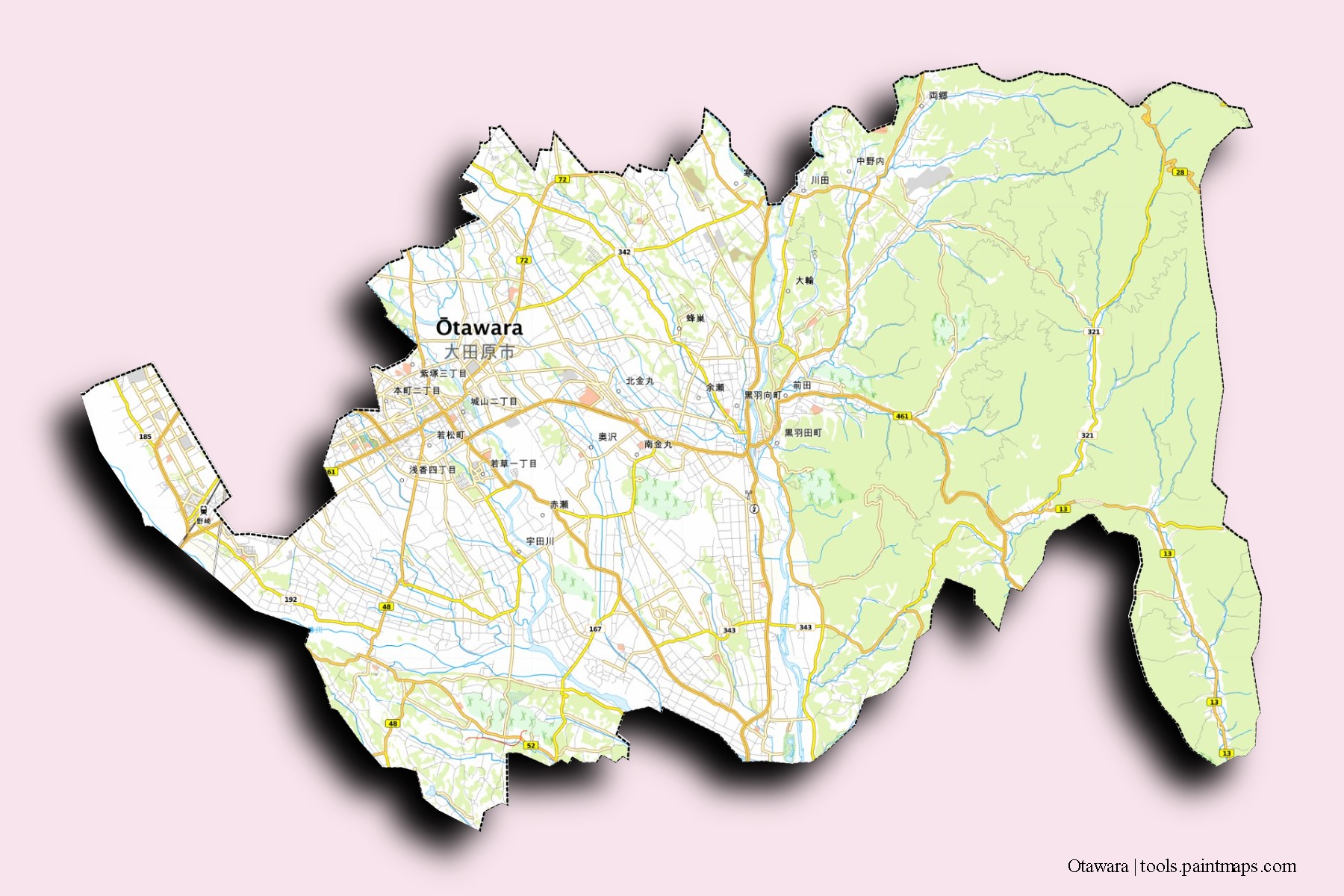 Mapa de barrios y pueblos de Otawara con efecto de sombra 3D