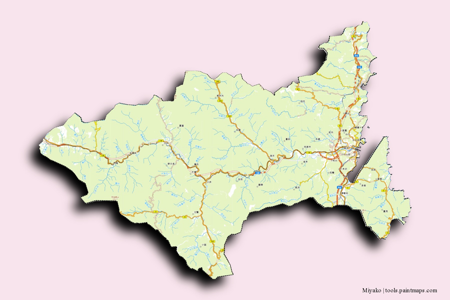 Mapa de barrios y pueblos de Miyako con efecto de sombra 3D