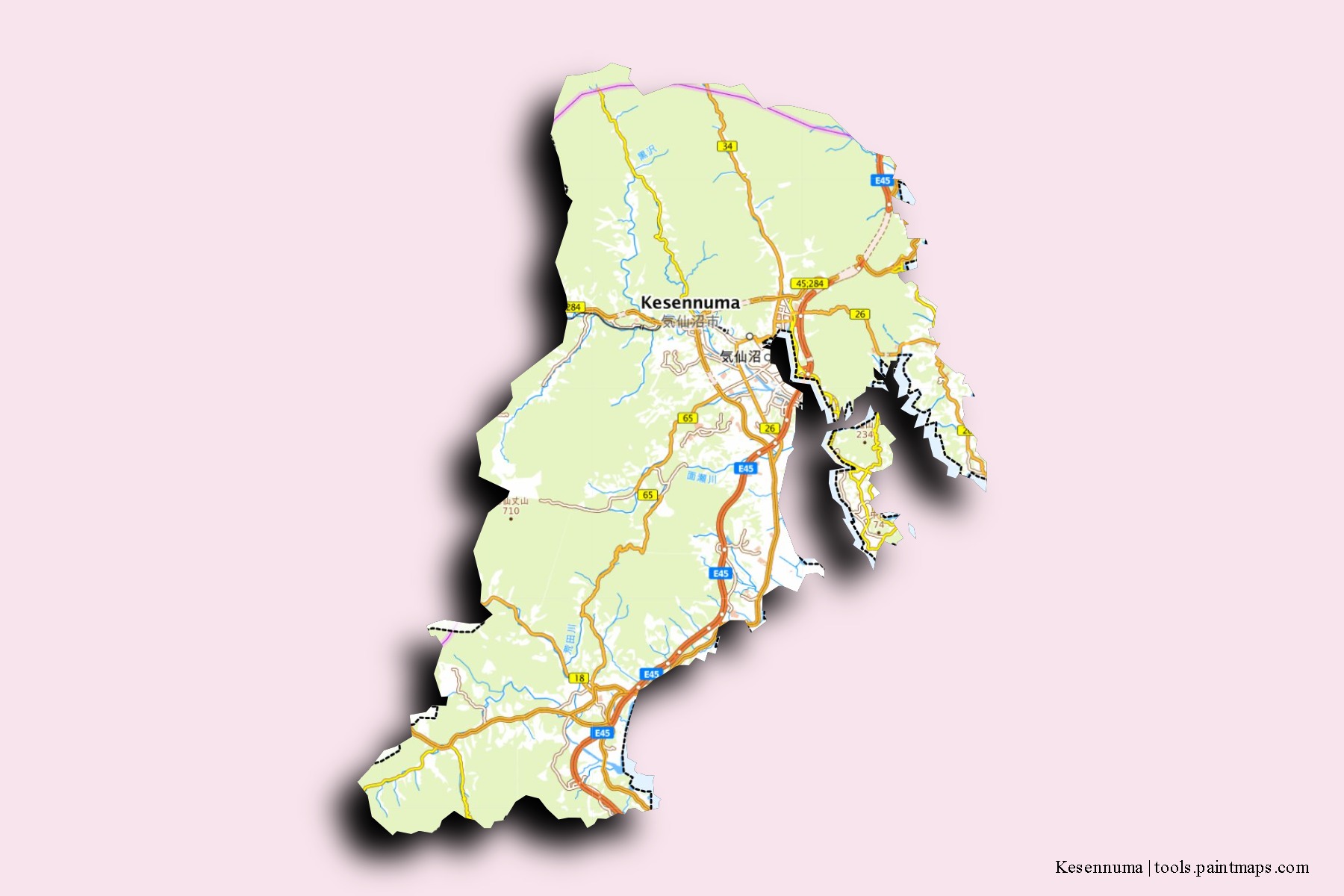 Mapa de barrios y pueblos de Kesennuma con efecto de sombra 3D