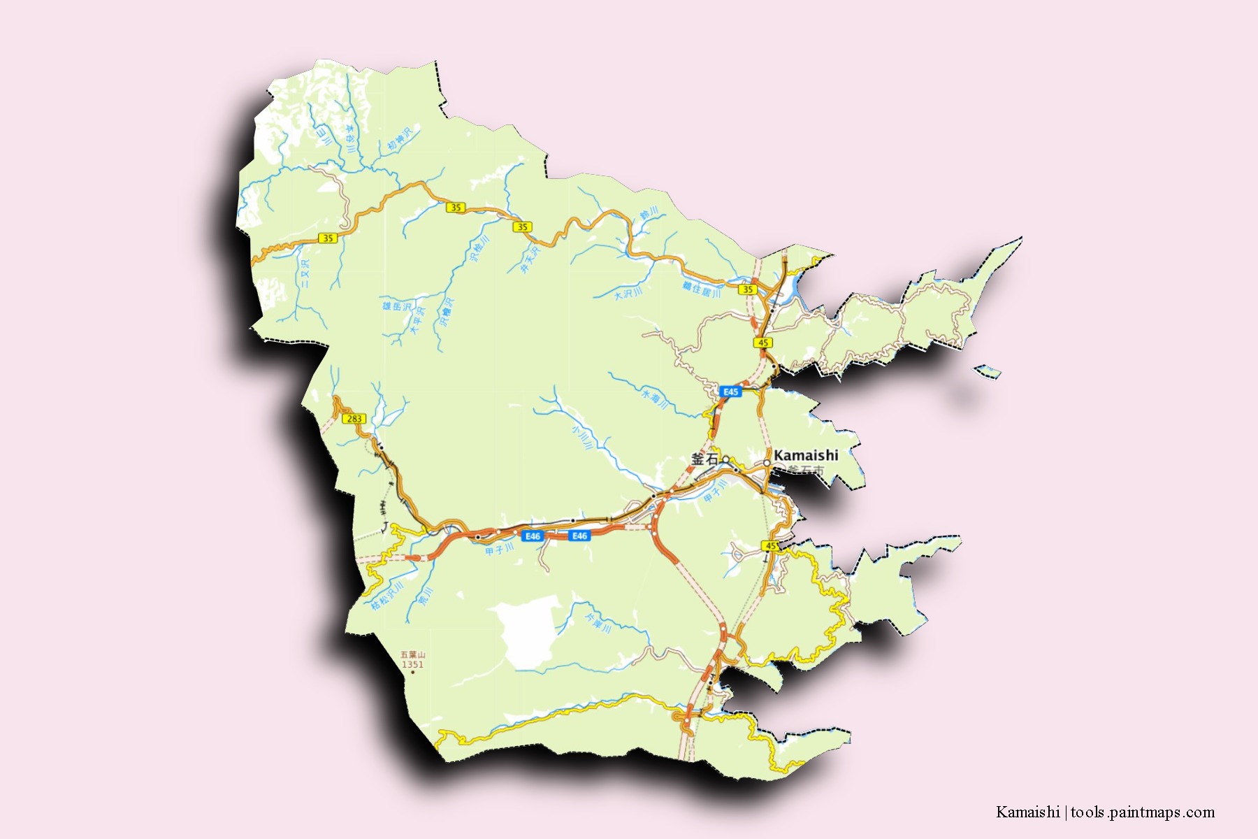 Kamaishi neighborhoods and villages map with 3D shadow effect