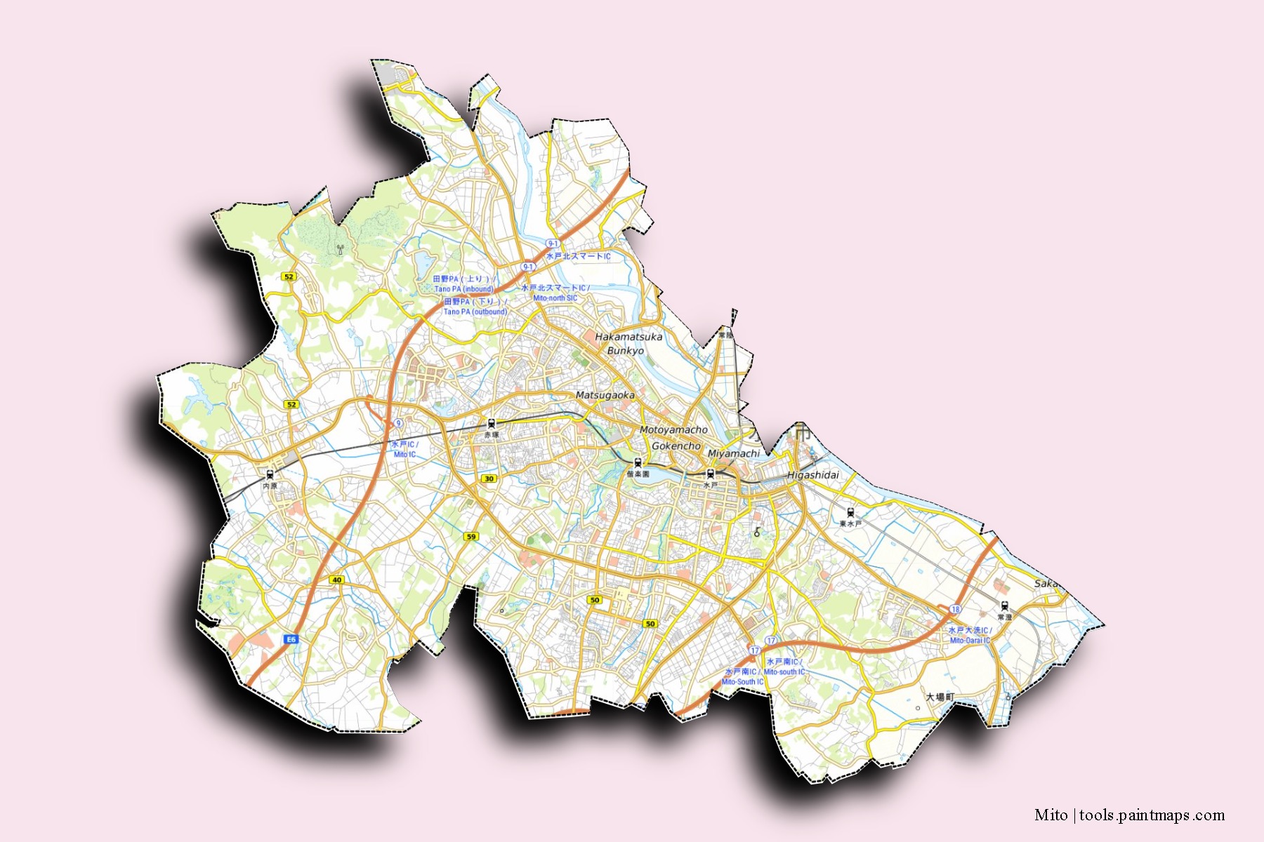 Mapa de barrios y pueblos de Mito con efecto de sombra 3D