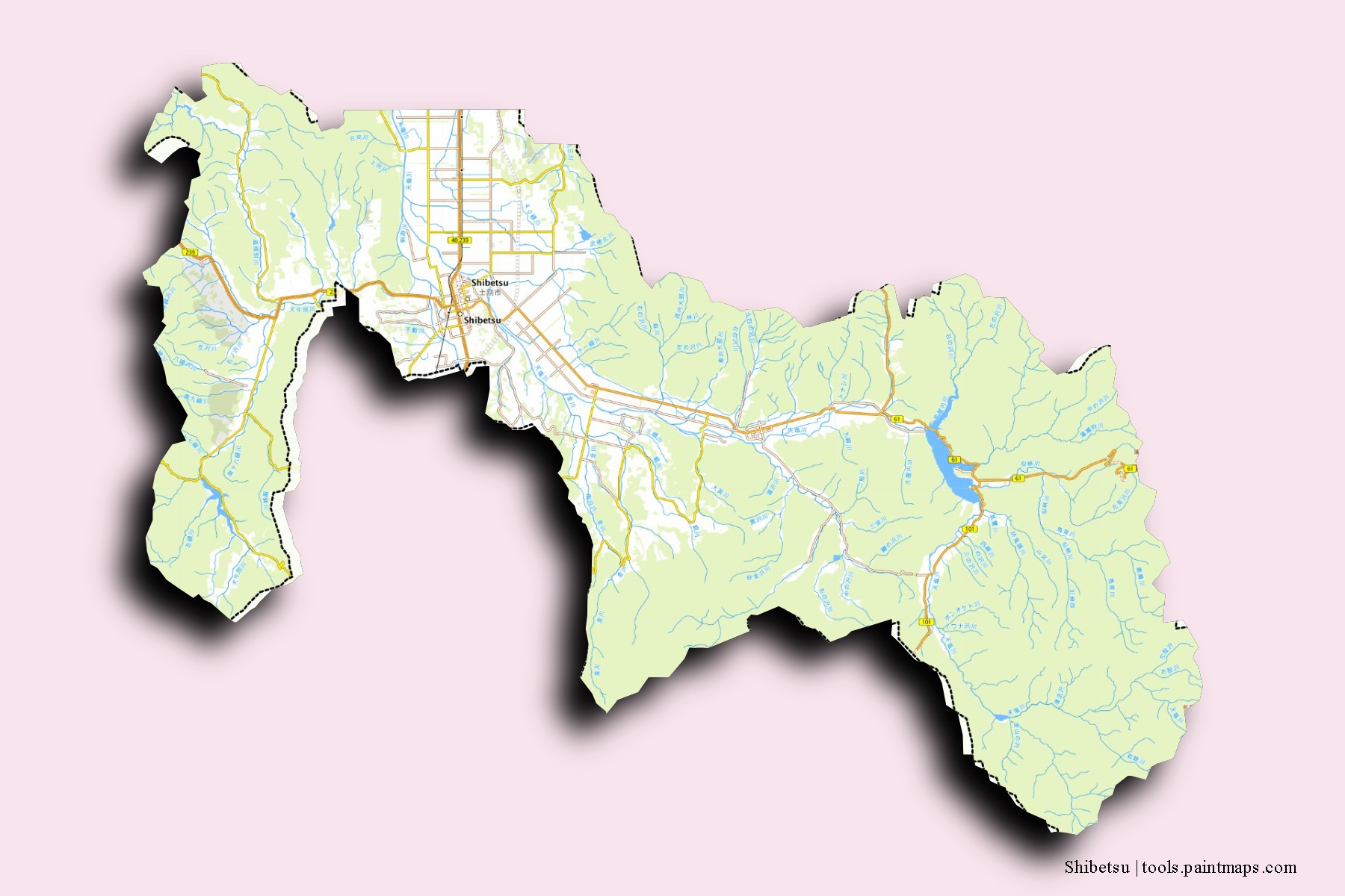 Shibetsu neighborhoods and villages map with 3D shadow effect