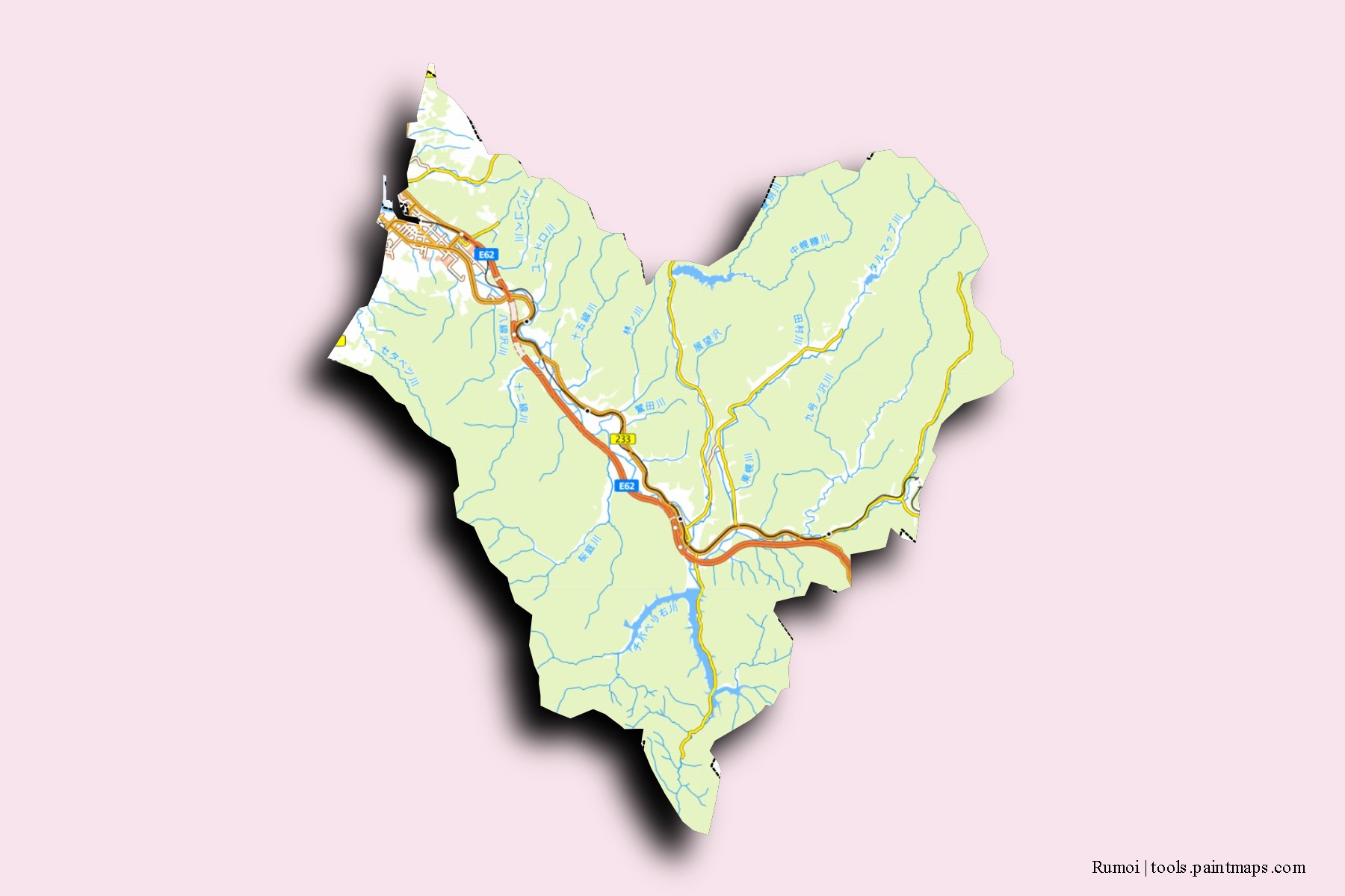 Mapa de barrios y pueblos de Rumoi con efecto de sombra 3D