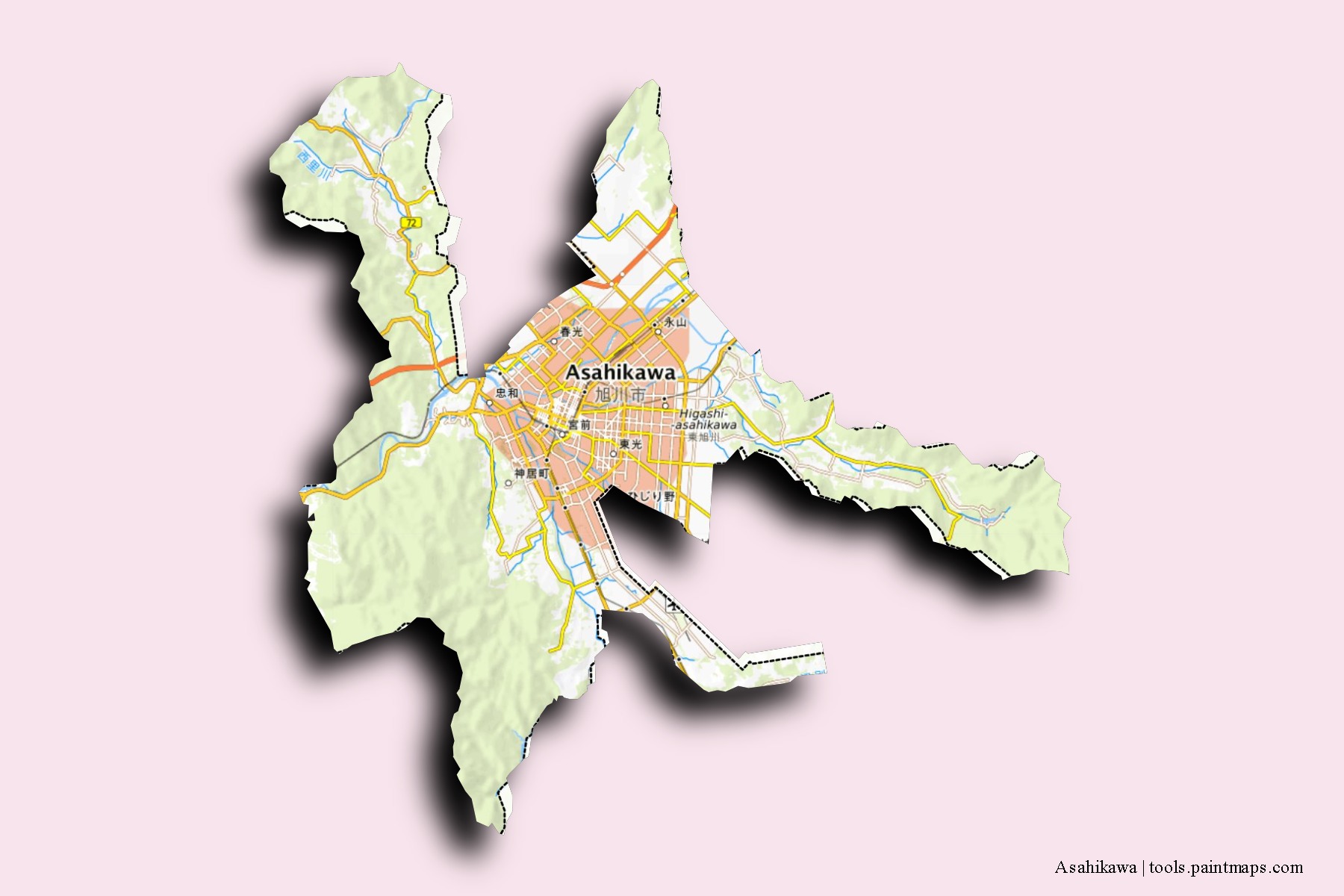 Asahikawa neighborhoods and villages map with 3D shadow effect