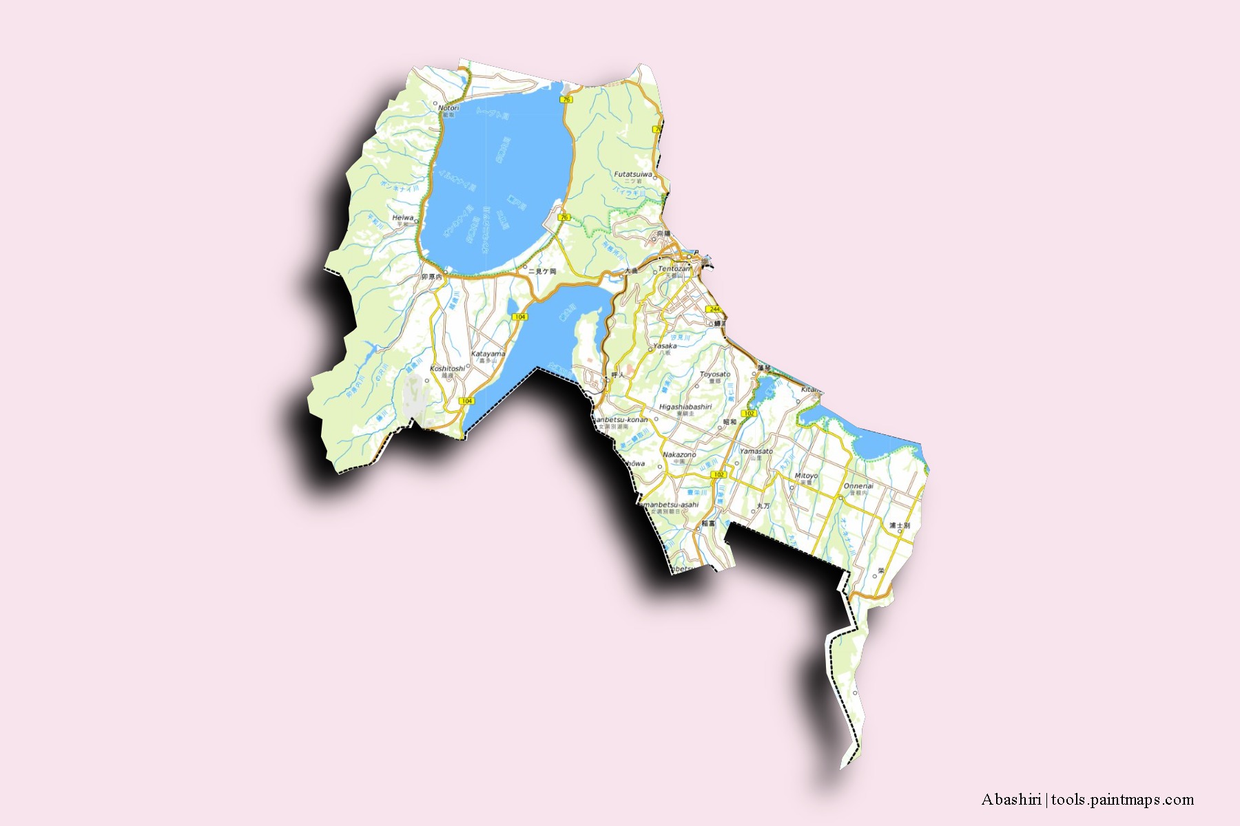 Abashiri neighborhoods and villages map with 3D shadow effect