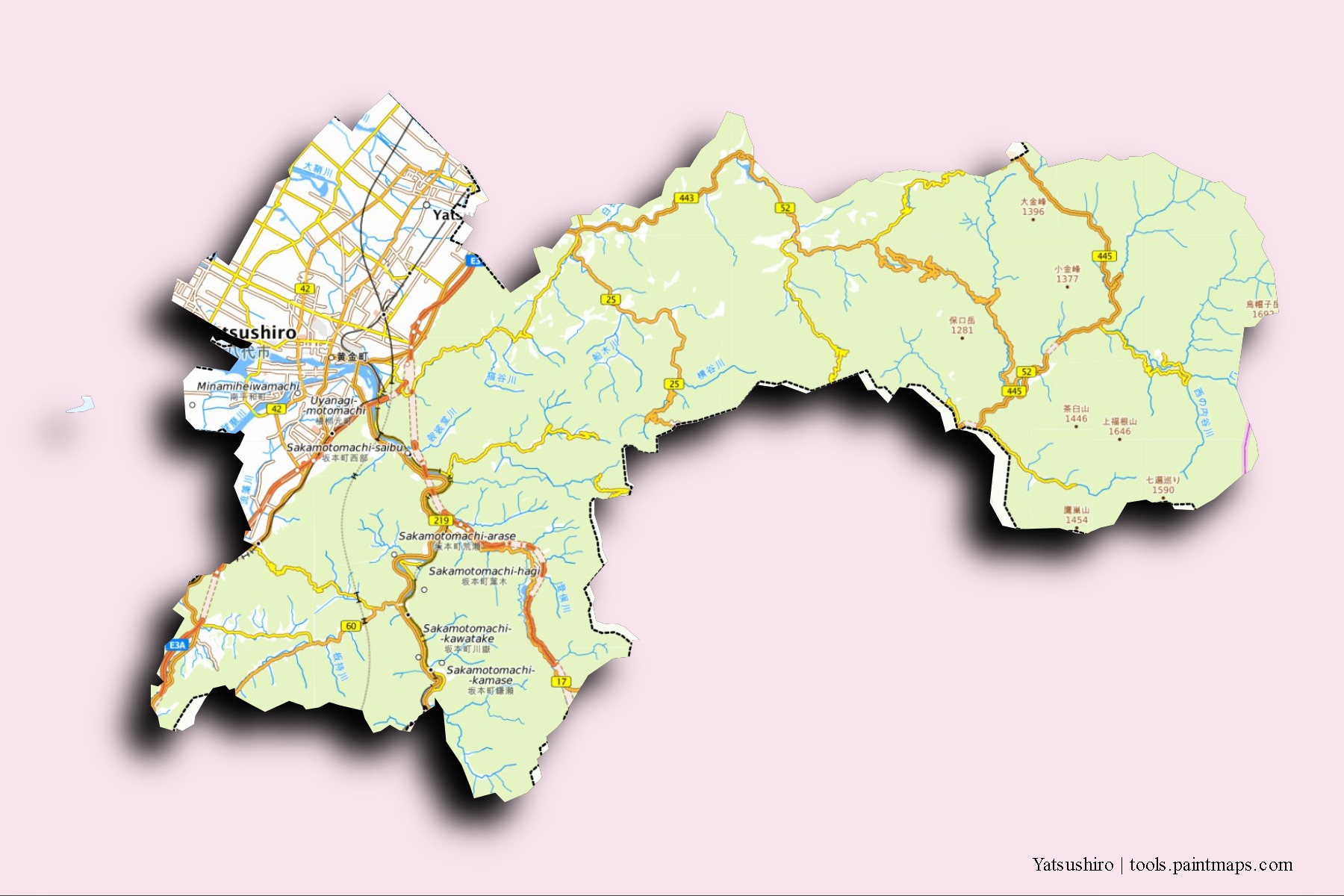 Yatsushiro neighborhoods and villages map with 3D shadow effect