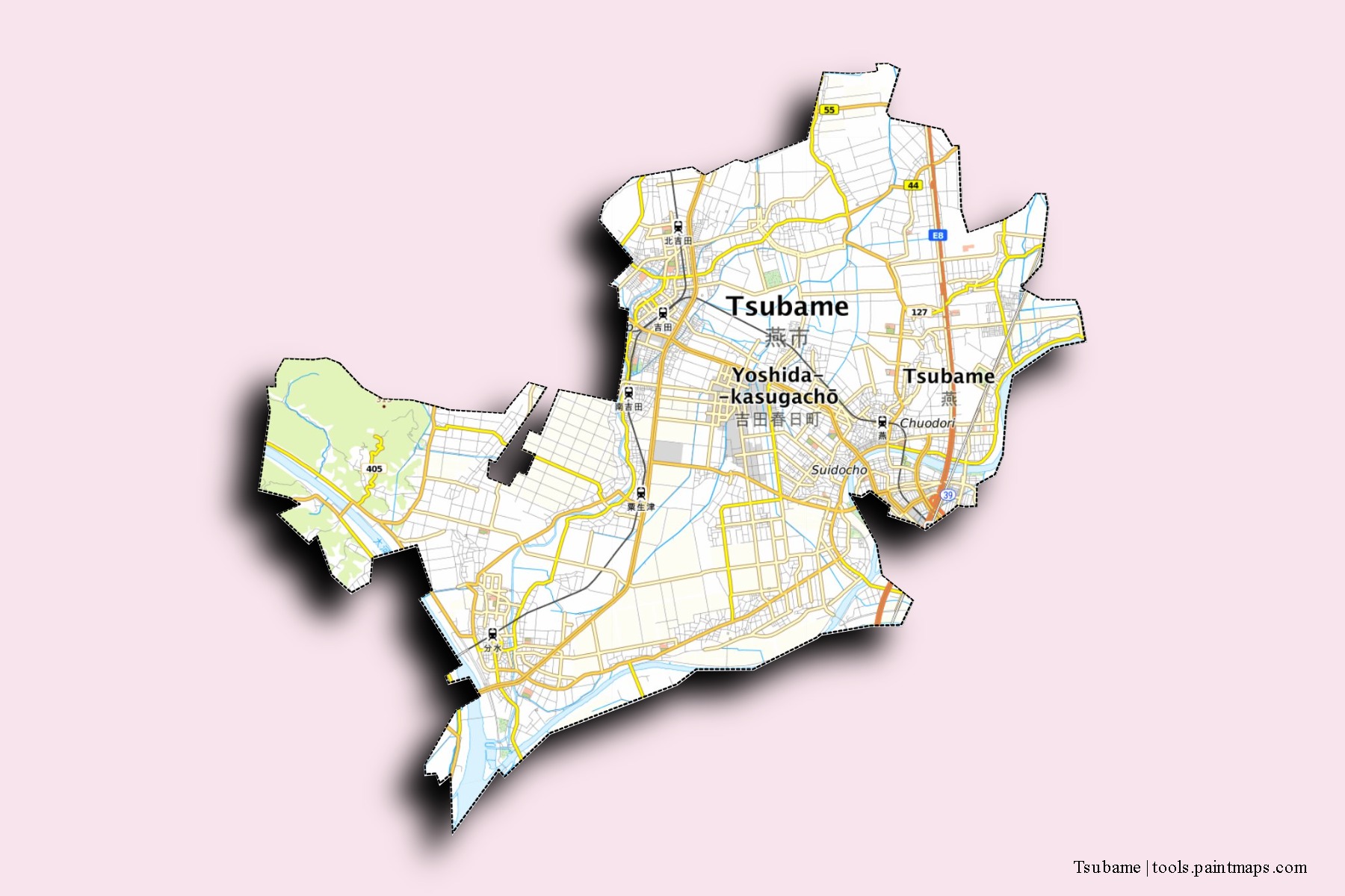 Mapa de barrios y pueblos de Tsubame con efecto de sombra 3D