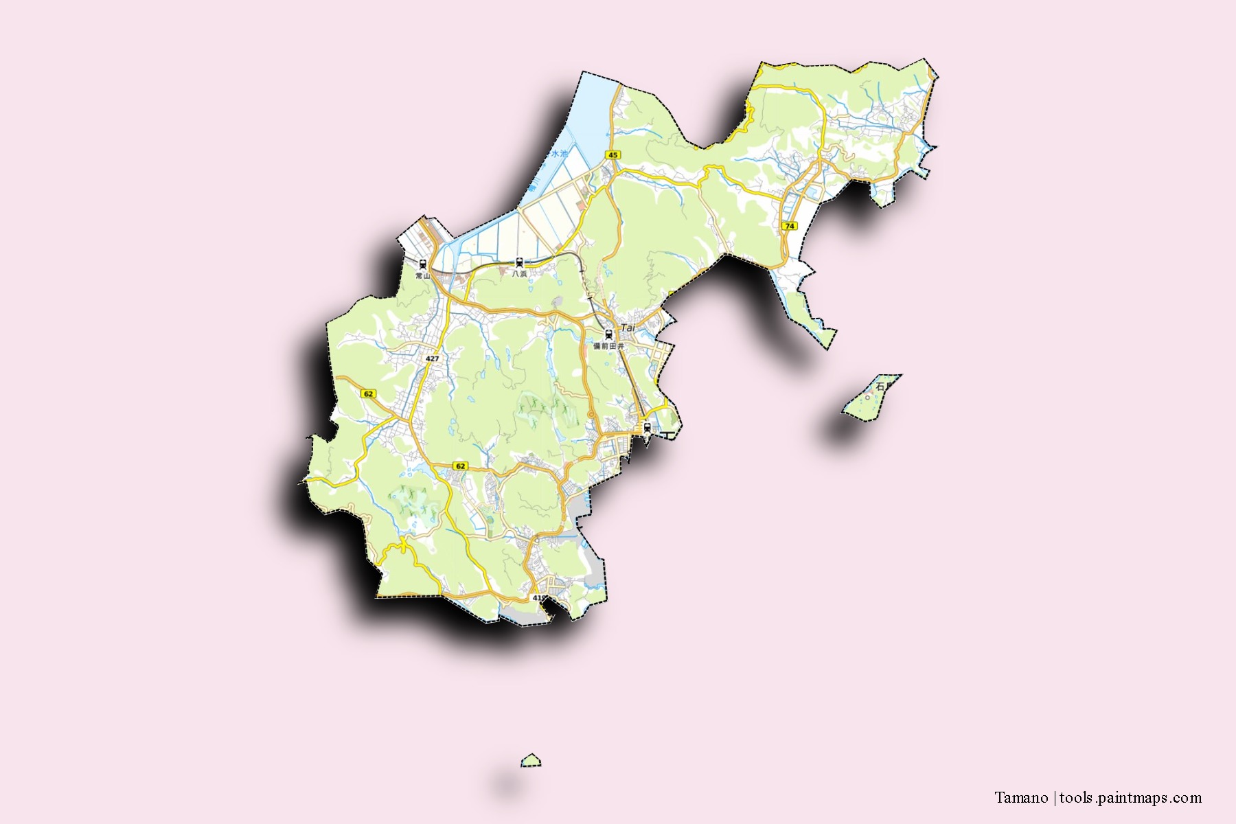 Mapa de barrios y pueblos de Tamano con efecto de sombra 3D