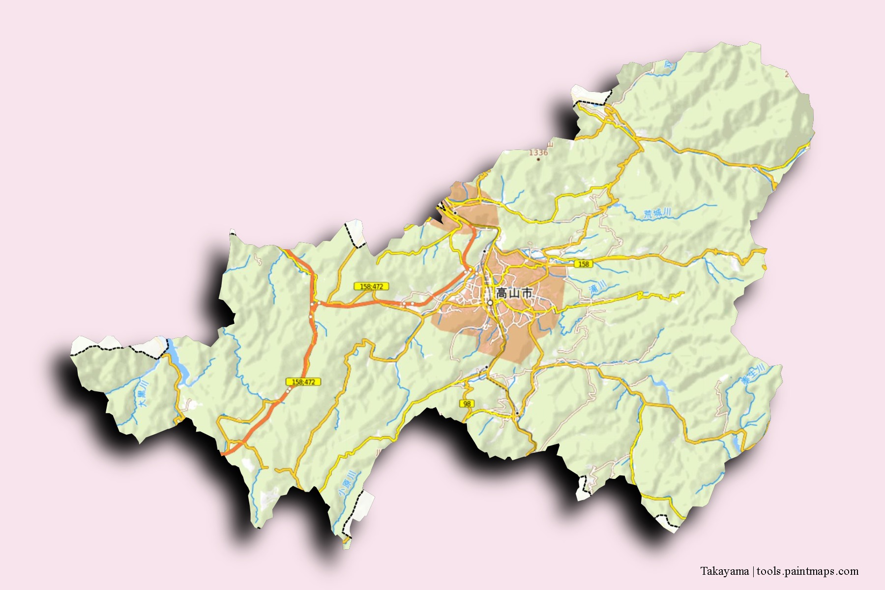 Takayama neighborhoods and villages map with 3D shadow effect