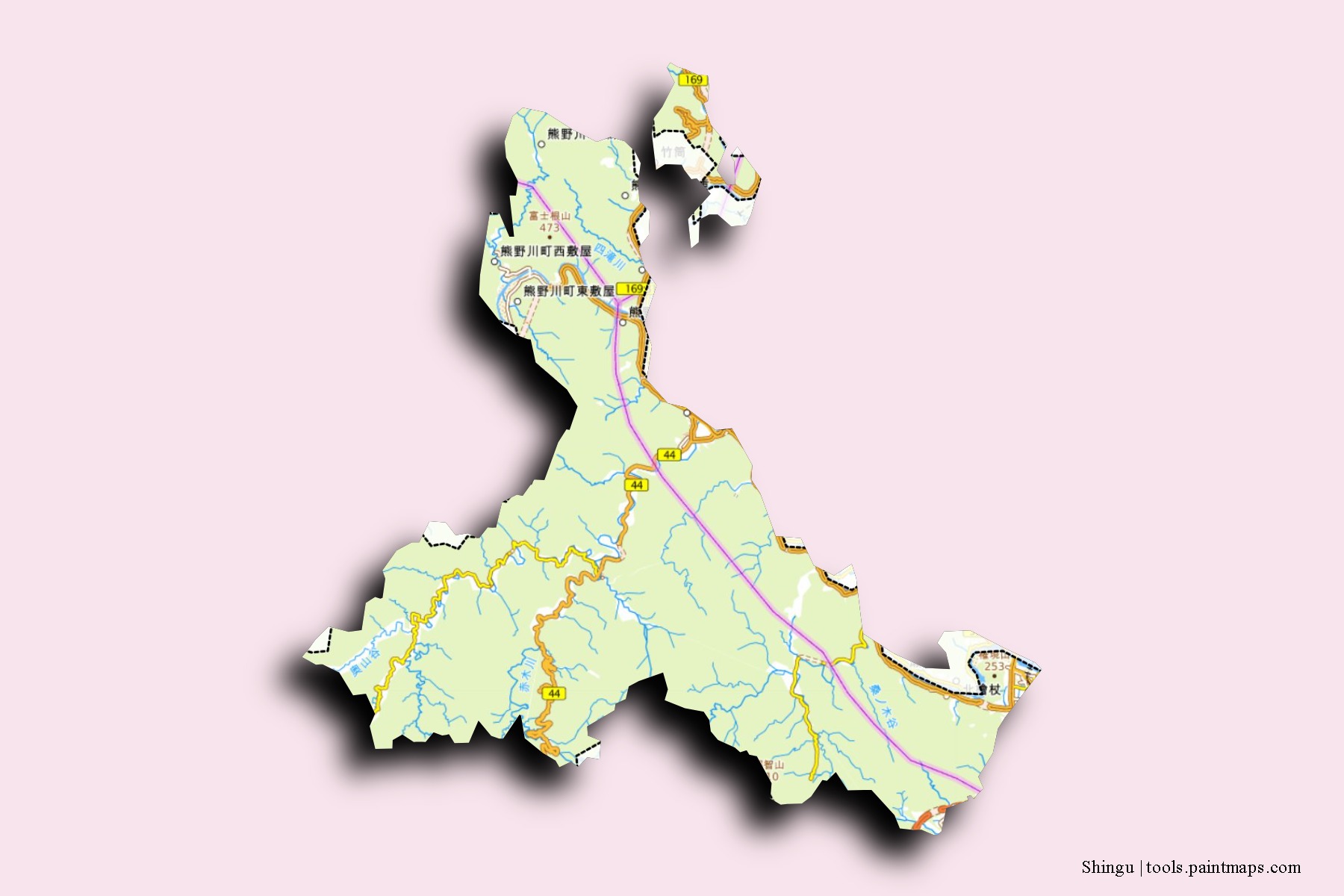 Mapa de barrios y pueblos de Shingu con efecto de sombra 3D