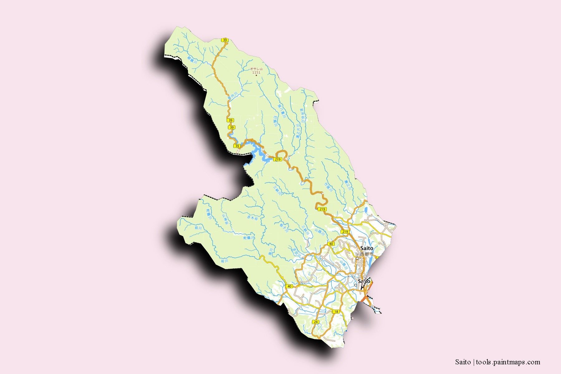 Mapa de barrios y pueblos de Saito con efecto de sombra 3D