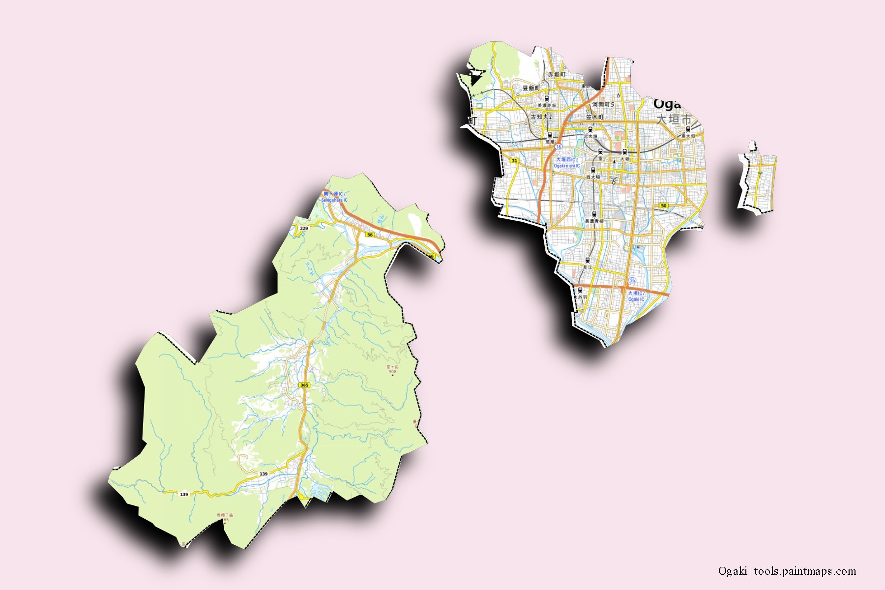 Ogaki neighborhoods and villages map with 3D shadow effect