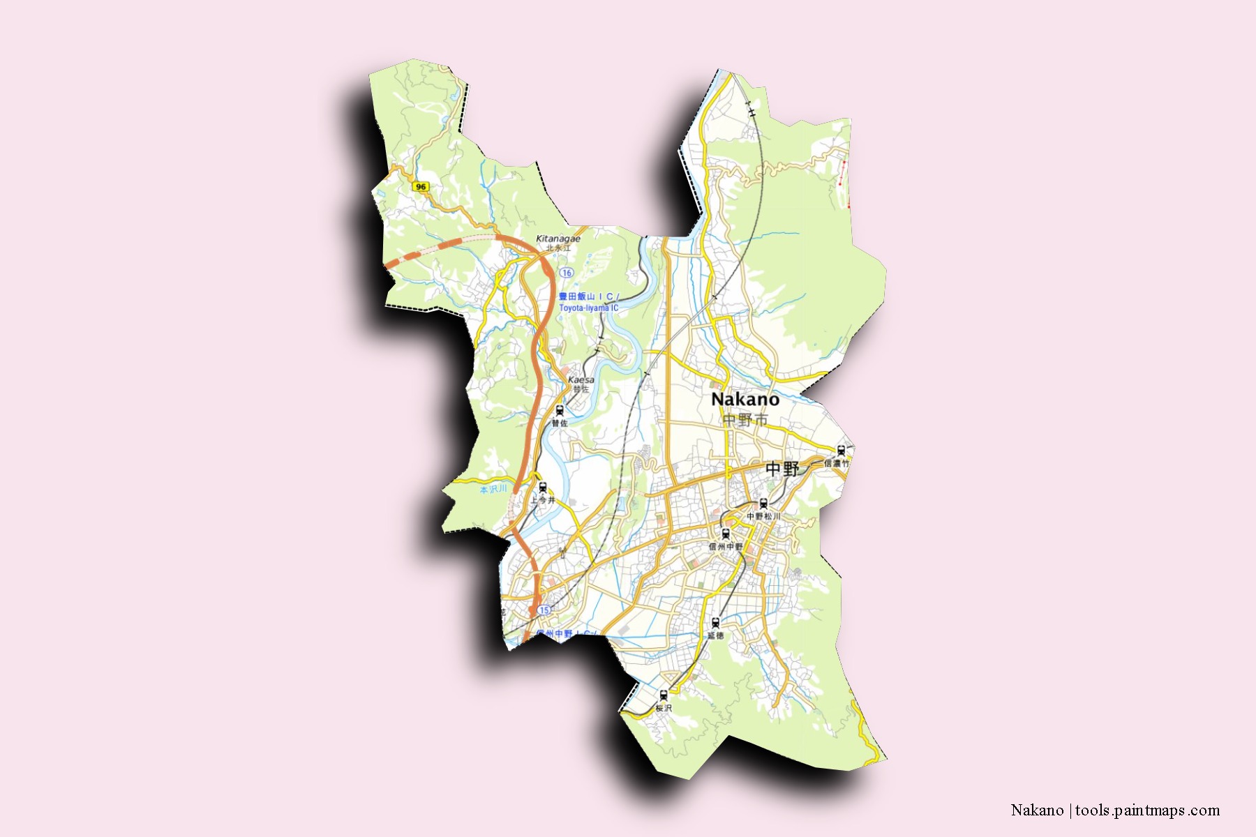 Nakano neighborhoods and villages map with 3D shadow effect