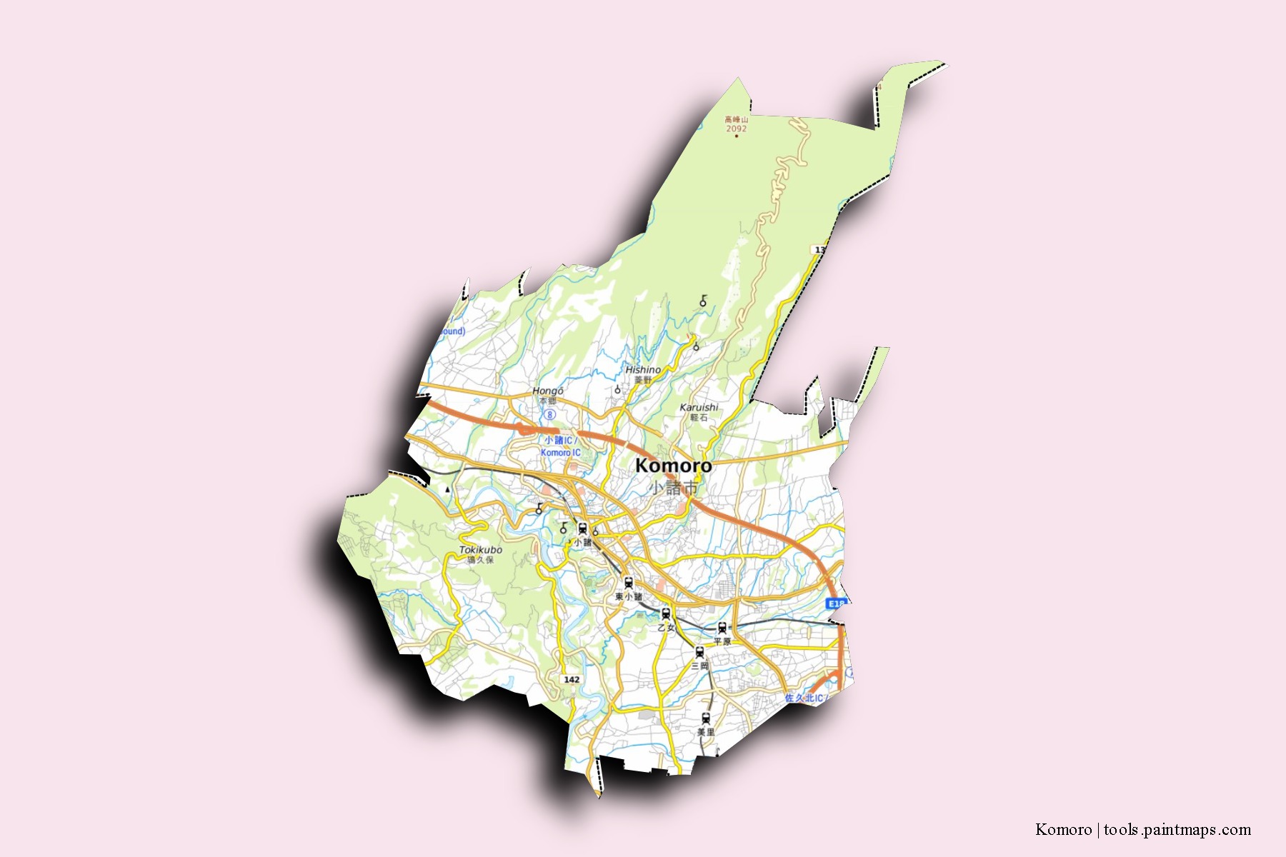 Komoro neighborhoods and villages map with 3D shadow effect