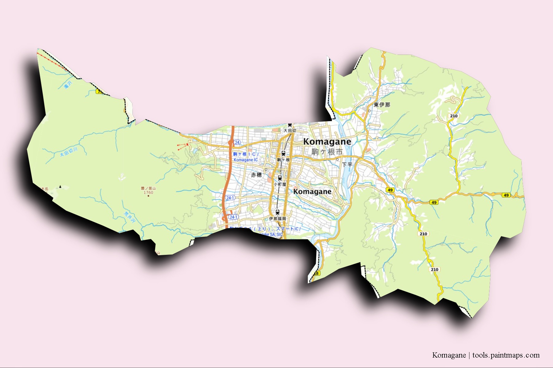 Komagane neighborhoods and villages map with 3D shadow effect