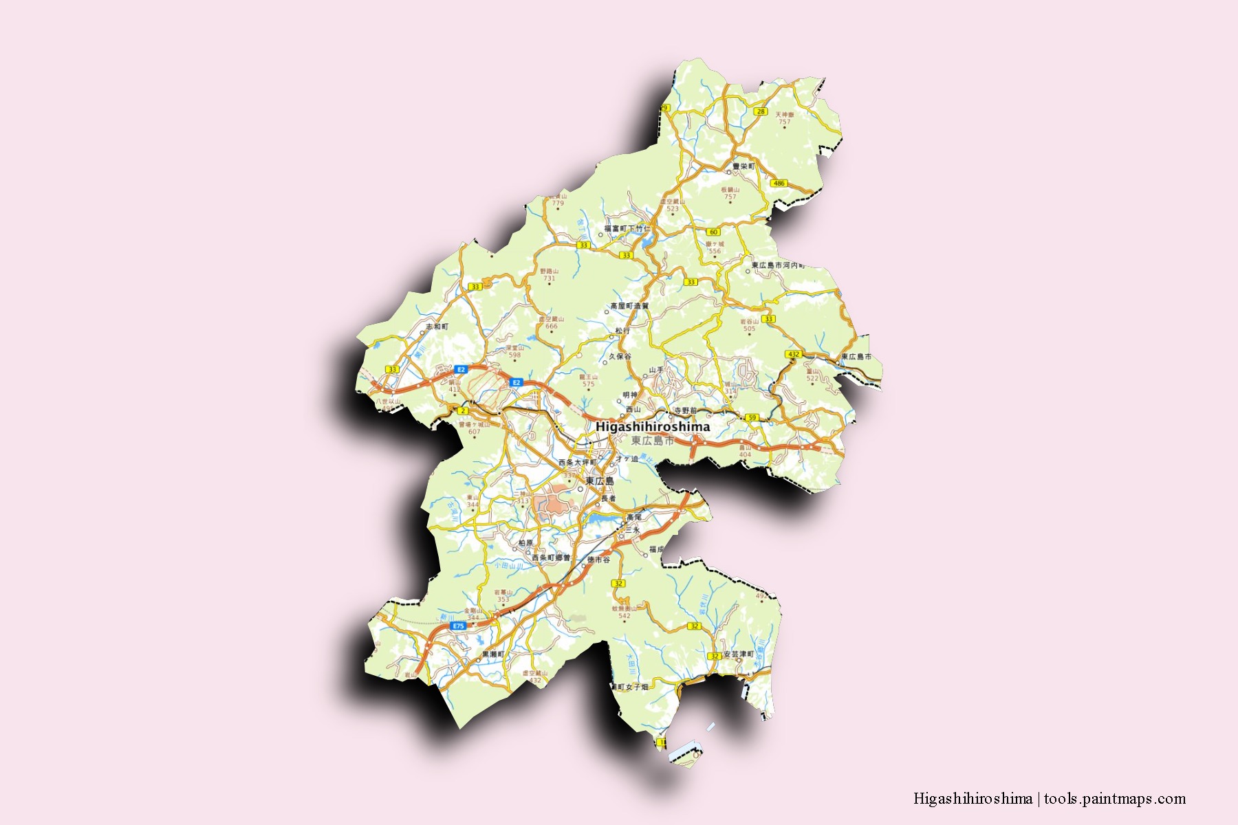 Mapa de barrios y pueblos de Higashihiroshima con efecto de sombra 3D