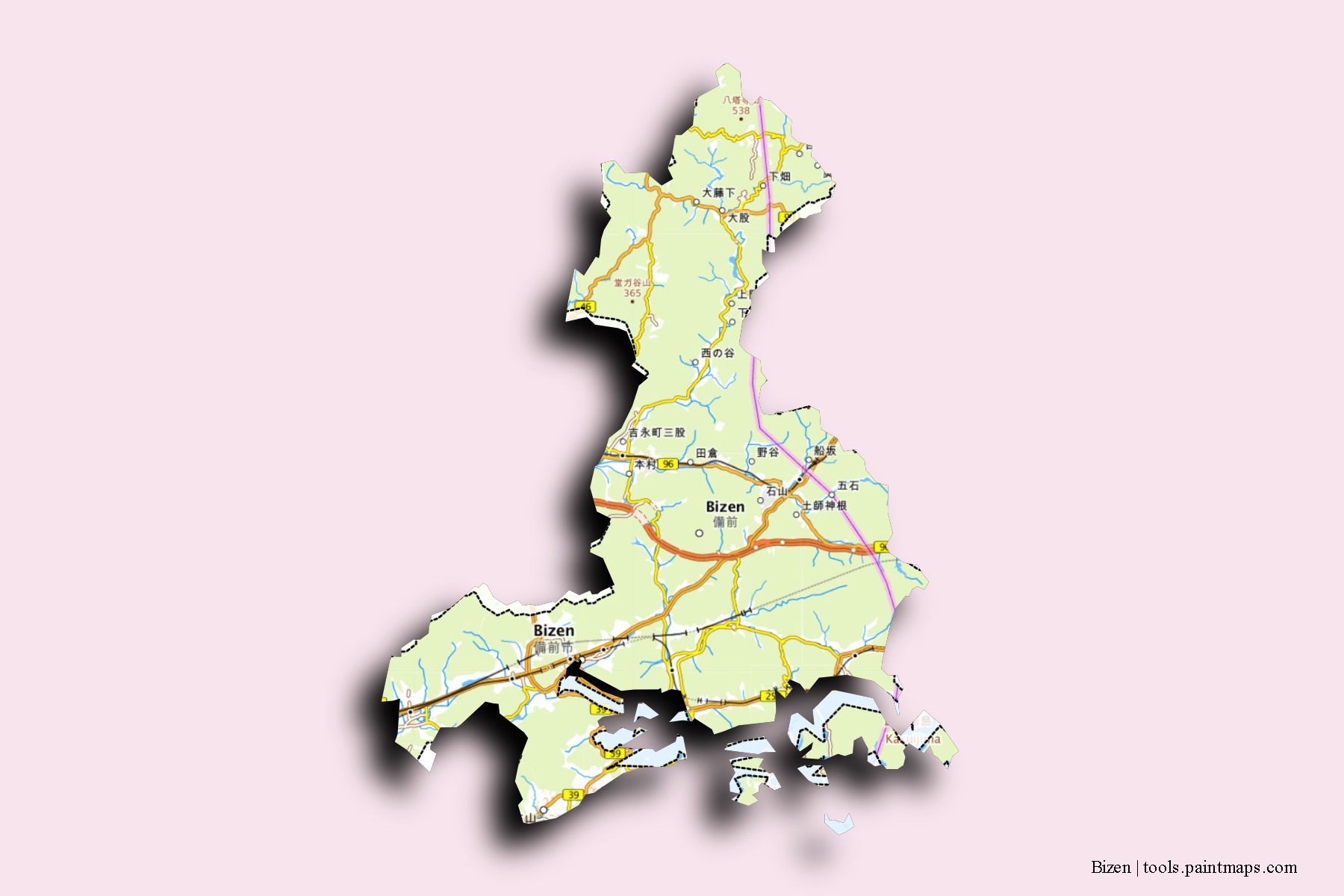 Mapa de barrios y pueblos de Bizen con efecto de sombra 3D