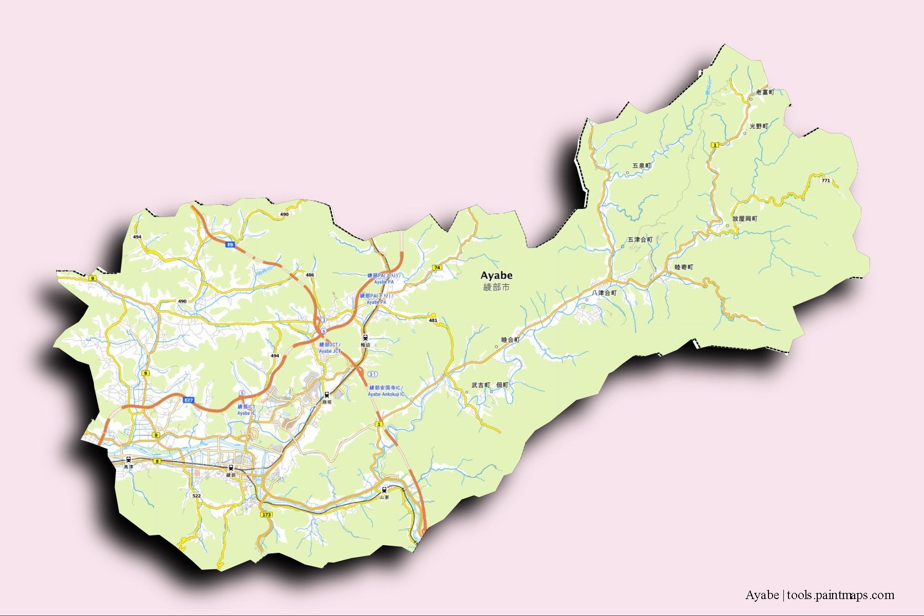 Mapa de barrios y pueblos de Ayabe con efecto de sombra 3D