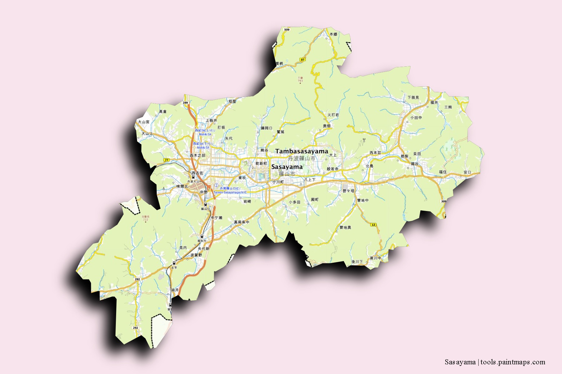 Sasayama neighborhoods and villages map with 3D shadow effect