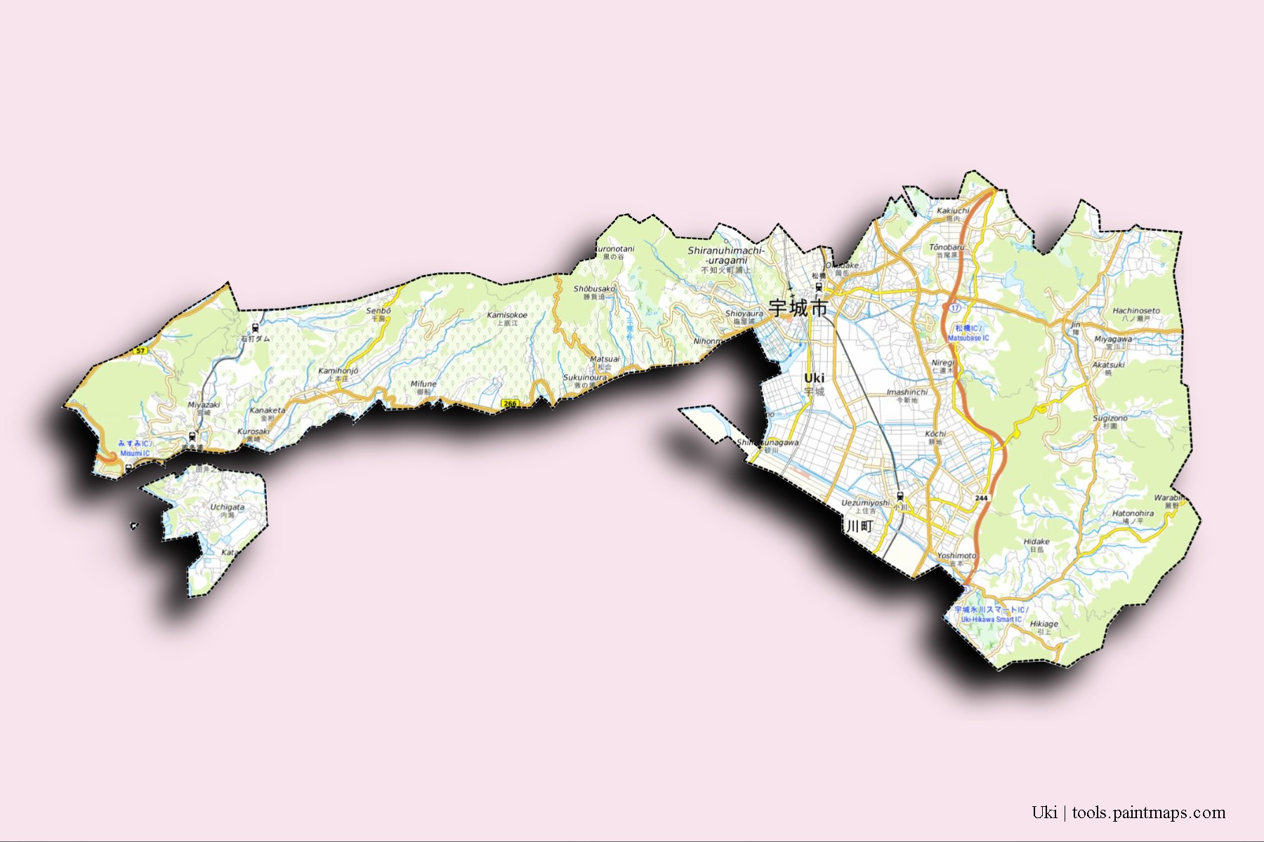 Mapa de barrios y pueblos de Uki con efecto de sombra 3D