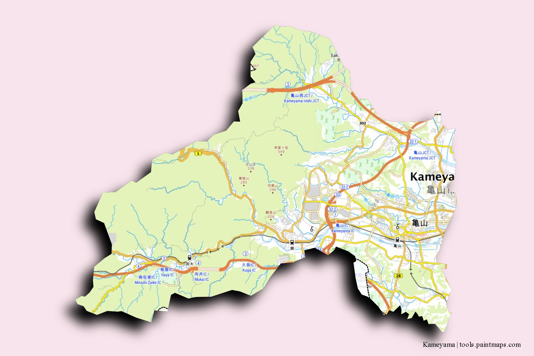 3D gölge efektli Kameyama mahalleleri ve köyleri haritası