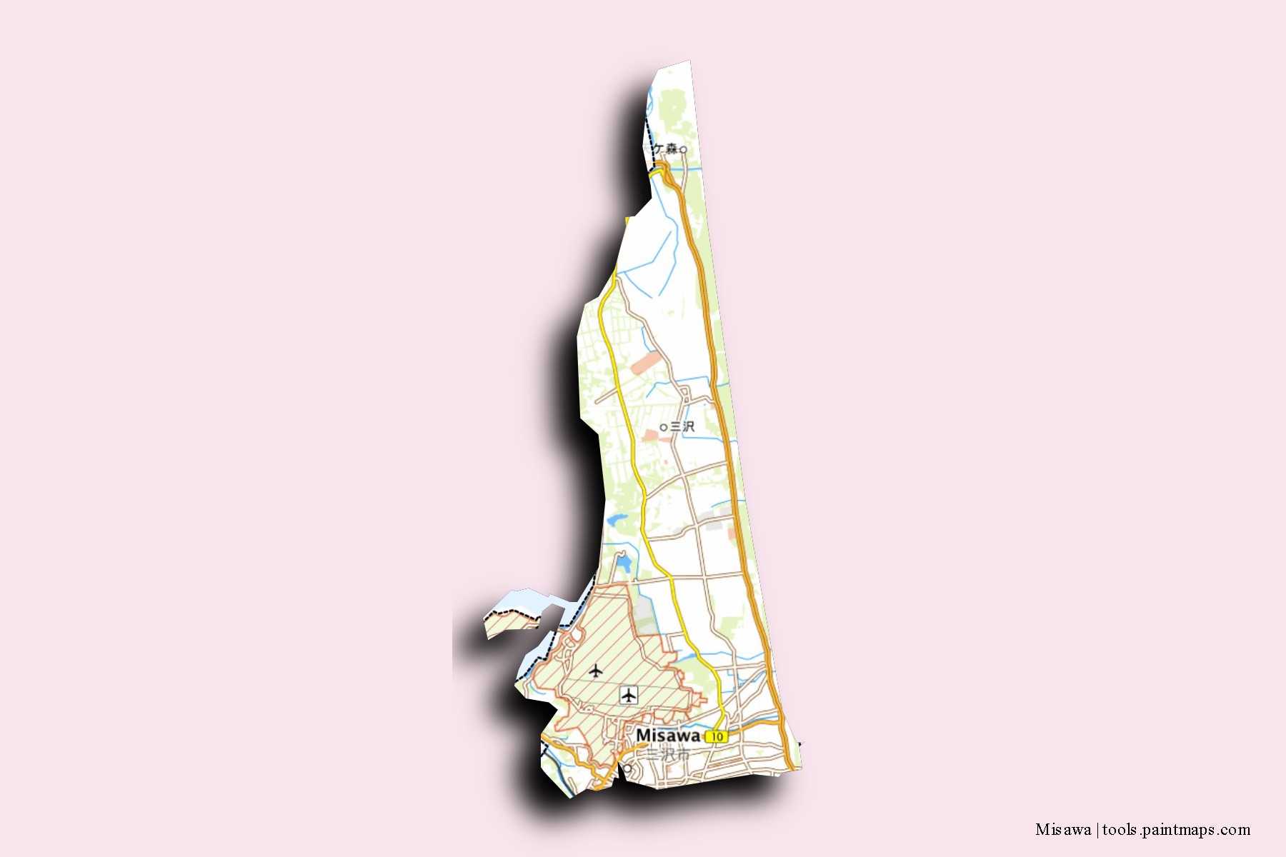 Misawa neighborhoods and villages map with 3D shadow effect