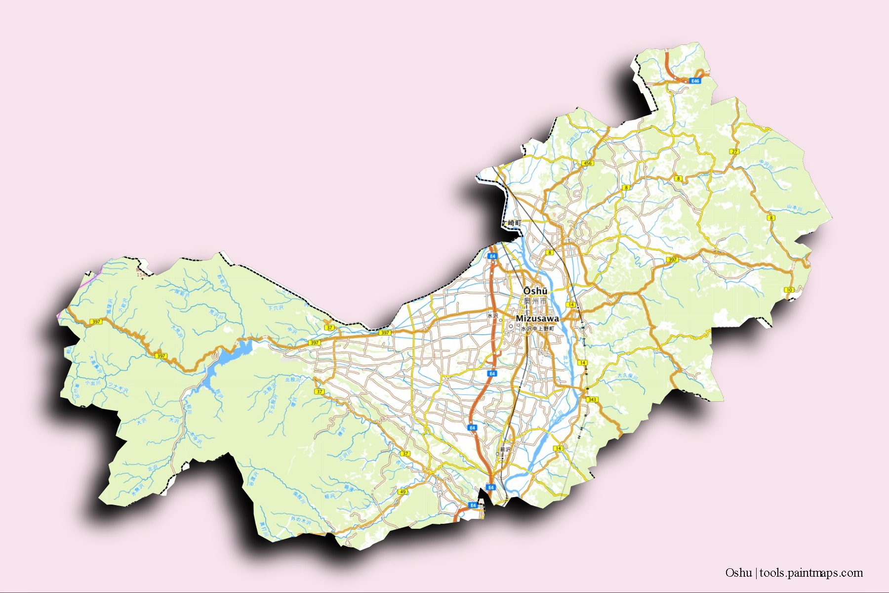 Oshu neighborhoods and villages map with 3D shadow effect