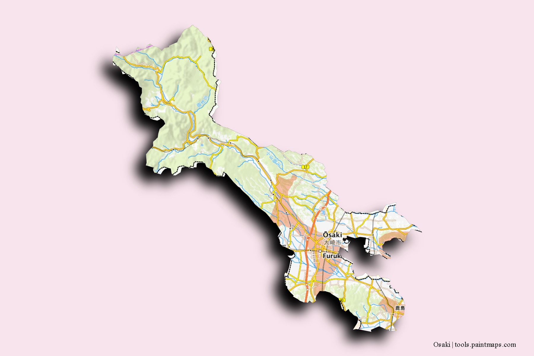 Mapa de barrios y pueblos de Osaki con efecto de sombra 3D