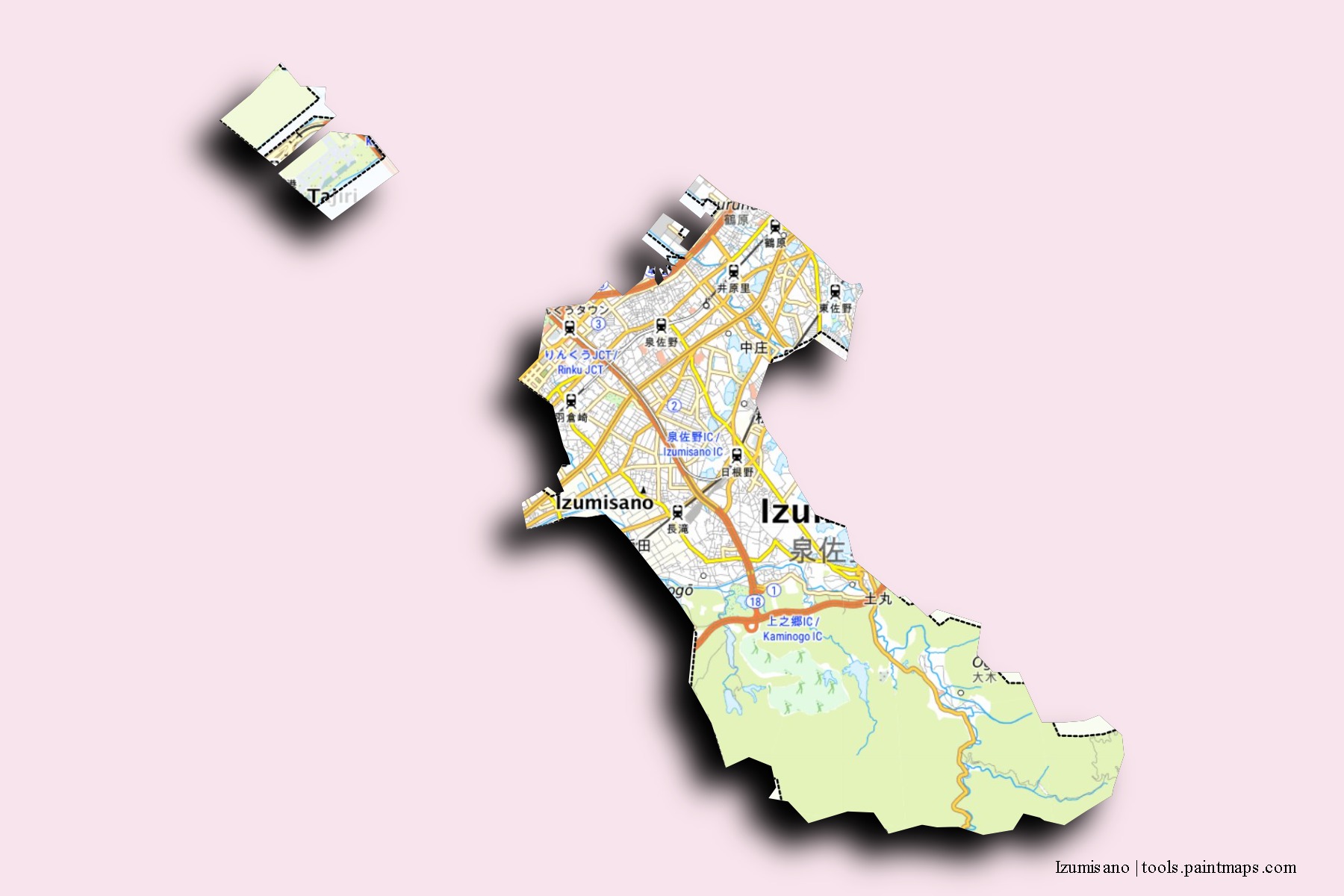 Mapa de barrios y pueblos de Izumisano con efecto de sombra 3D