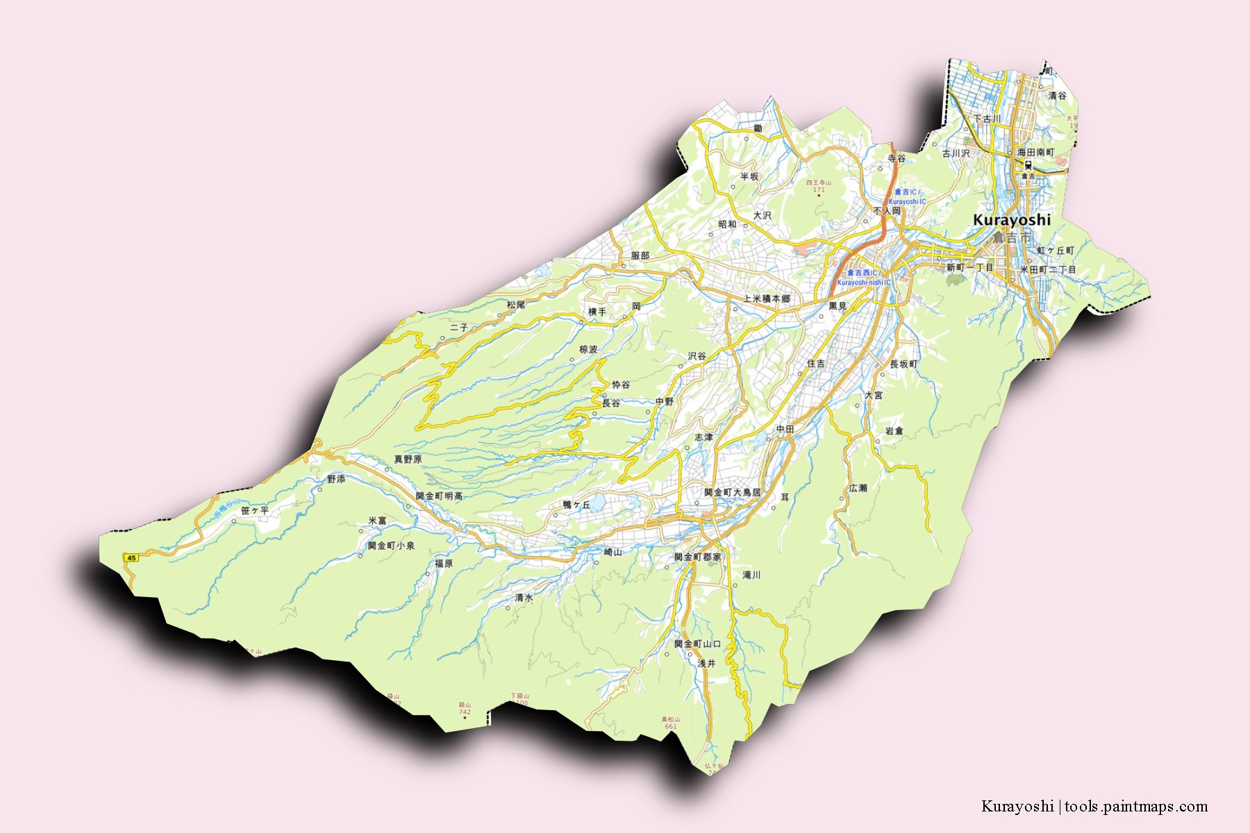 Kurayoshi neighborhoods and villages map with 3D shadow effect