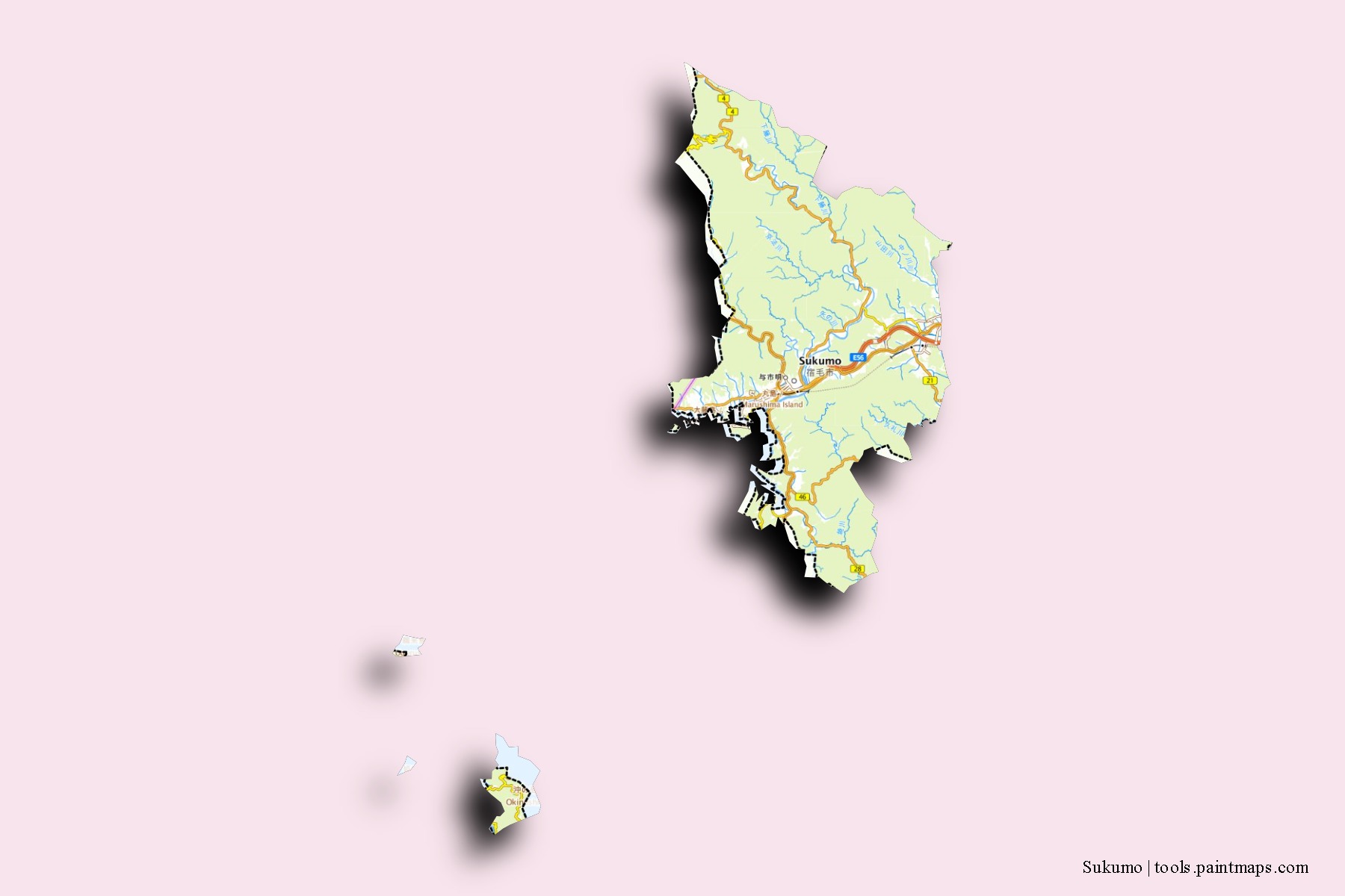 Sukumo neighborhoods and villages map with 3D shadow effect