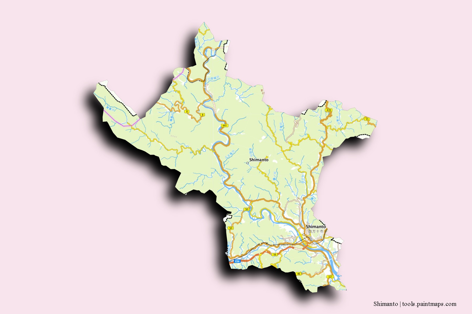 Mapa de barrios y pueblos de Shimanto con efecto de sombra 3D