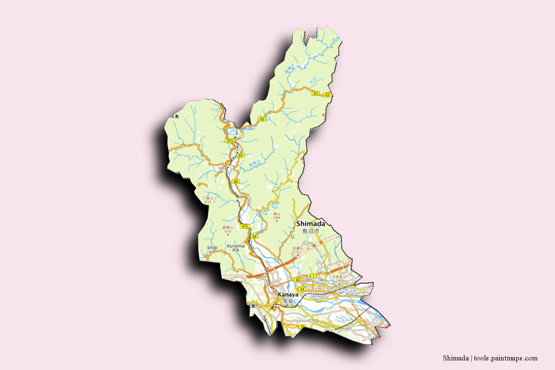 Shimada neighborhoods and villages map with 3D shadow effect