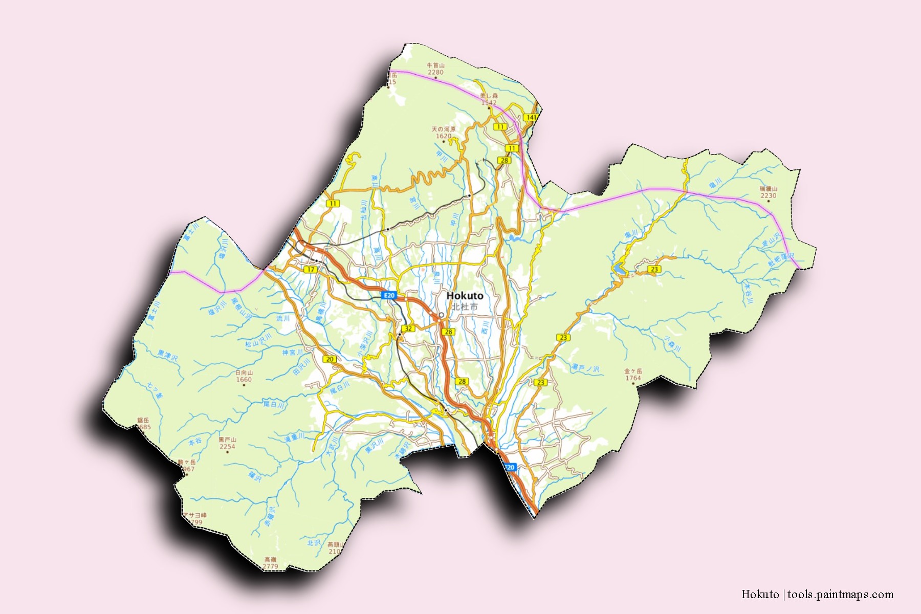 Hokuto neighborhoods and villages map with 3D shadow effect
