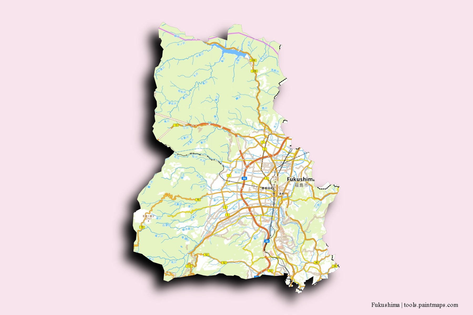 Fukushima neighborhoods and villages map with 3D shadow effect